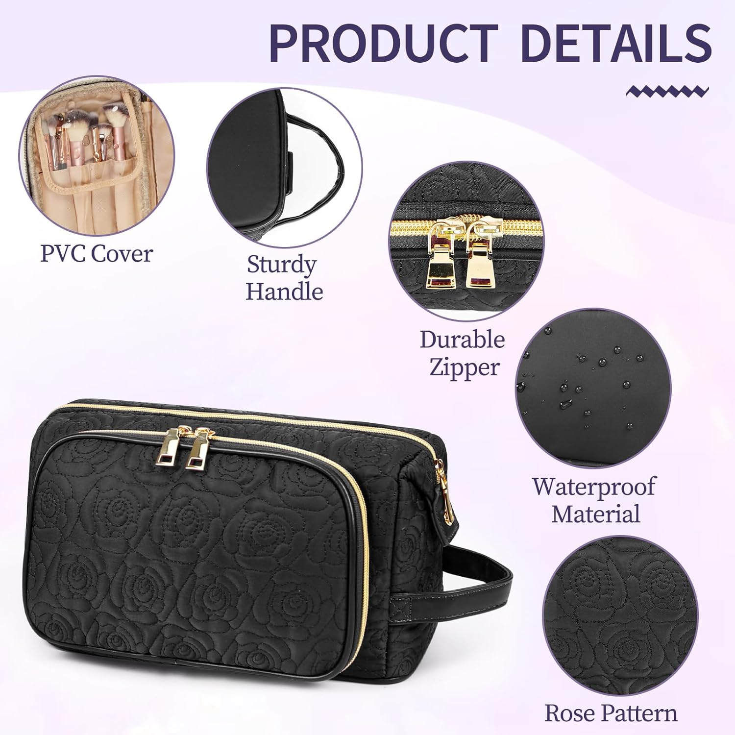 Lubardy Makeup Bag, Large Capacity Cosmetic Bags for Women Waterproof Travel Make up Bag Organizer Polyester Portable Storage Brush Pouch with Handle, Black image number 5