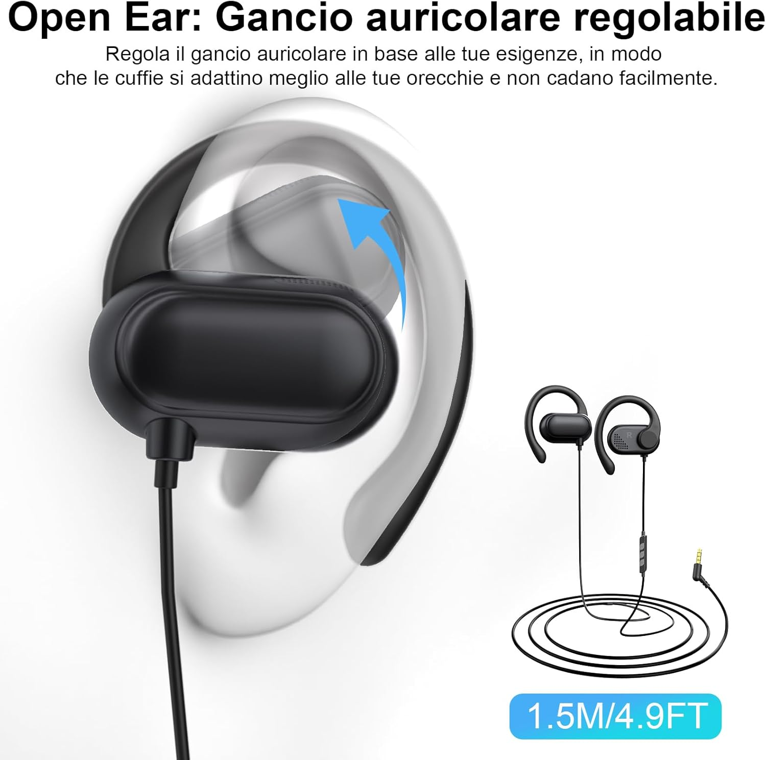 Open Ear Headphones with Cable Sports Headphones with Adjustable Ear Hook Microphone and Volume Control 3.5 Mm Headphones for Samsung A25 Iphone Ipad for MP3 MP4 Laptop Office Workout Music Aeroplane image number 1