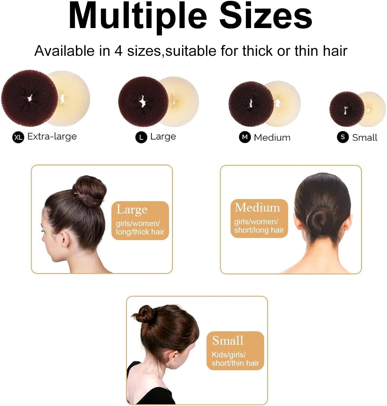 Topbine Hair Bun Maker Set, Donut Bun Maker Set with 4Pcs Dark Brown &4Pcs Beige(2 Extra-Large,2 Large,2 Medium and 2 Small), 10 Pieces Hair Elastic Bands, 38 Pieces Hair Bobby Pins (Brown and Gold) image number 4