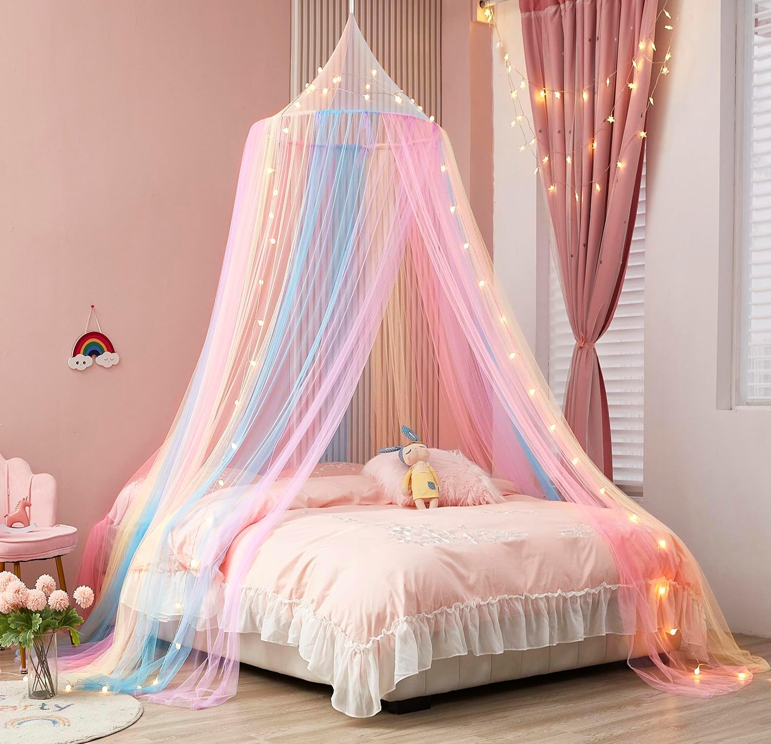 Rainbow Bed Canopy for Girls, Bed Canopy with Lights Canopy for Girls Room Bed Mosquito Netting for Twin Single Full Queen King Size Bed Room Decor for Girls image number 1