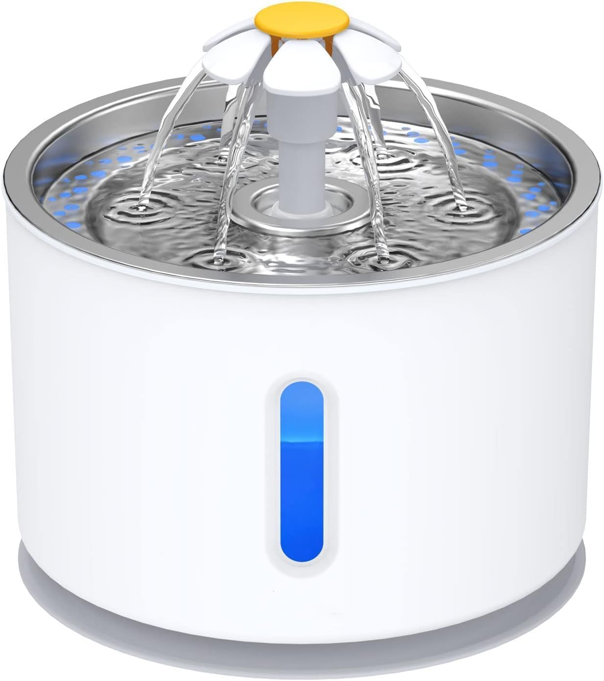 Stainless Steel Pet Drinking Fountain 81Oz/2.4L, Water Level Window & LED Light, Automatic Water Dispenser for Cats and Dogs, Includes 1 Filter (Stainless Steel, Large) - White