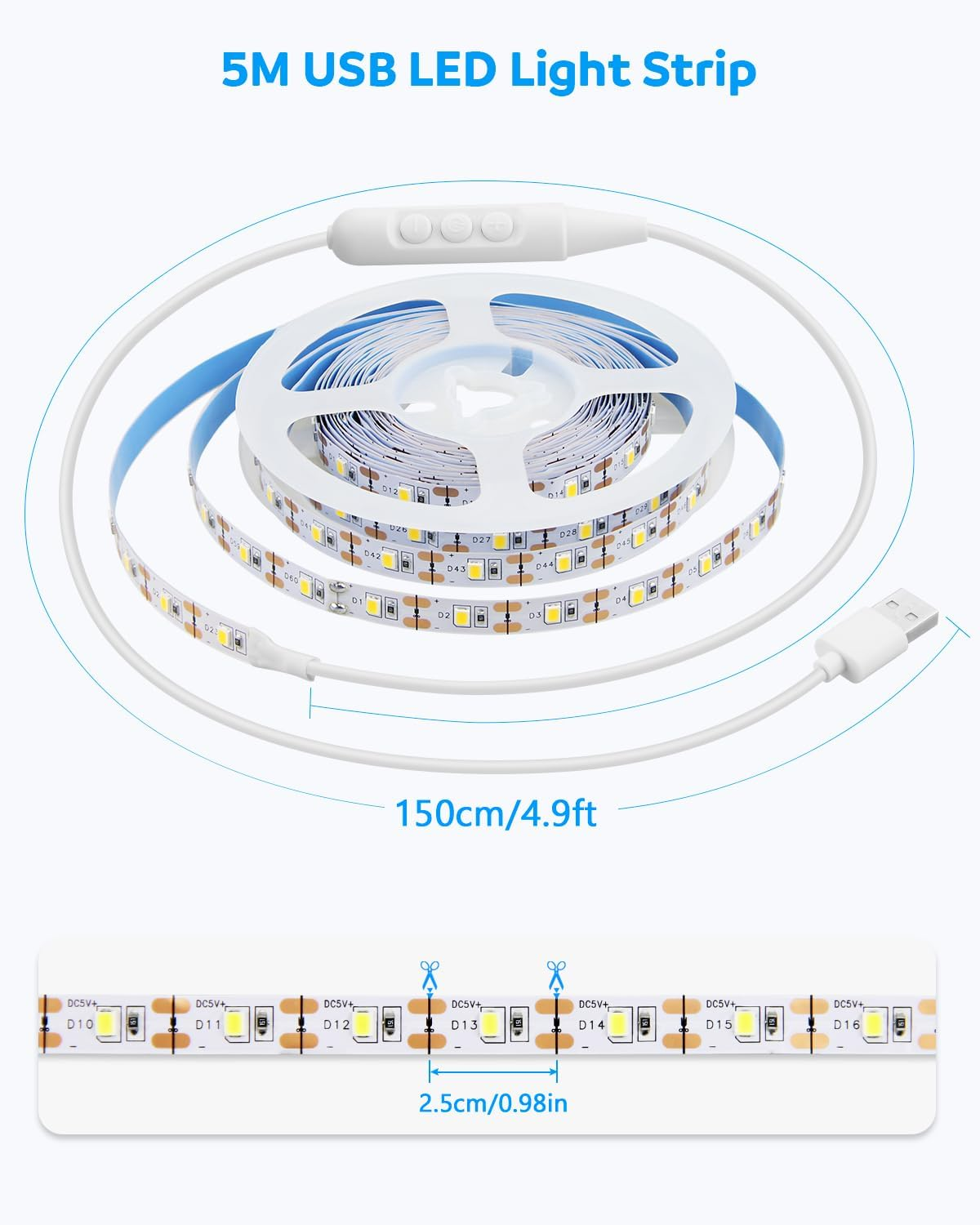 Aclorol LED Strip with USB Connection 5 M Warm White 3000 K 60 Leds/M Dimmable LED Strip Self-Adhesive 8 Mm Wide Flexible for Kitchen Cabinets Mirror Display Cabinet Bed Backlight image number 5