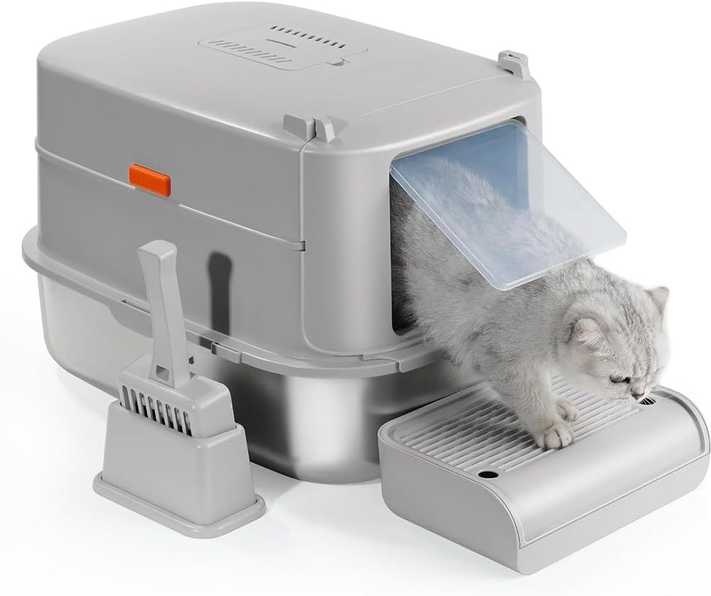 Stainless Steel Removable Cat Litter Box with Lid, Closed Metal Cat Litter Box with High-Sided Shell and Cat Litter Scoop, Leak-Proof, Suitable for Large Cats (Gray) image number 3