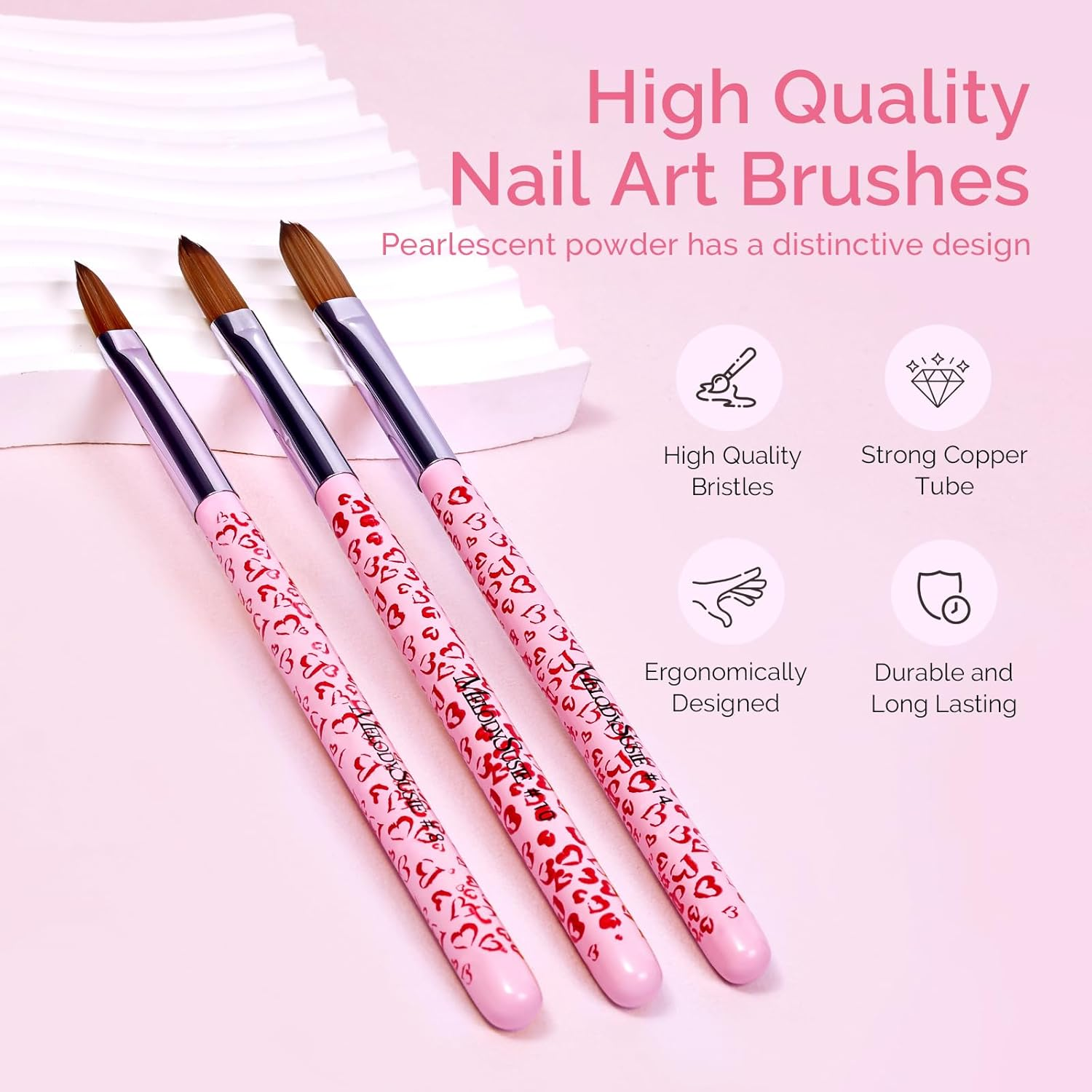 Melodysusie 3-Piece Acrylic Nail Brush Set - Sizes 8/10/14, Professional Nail Art Tool for Acrylic Application, Powder, Extension & 3D Carving - Pink