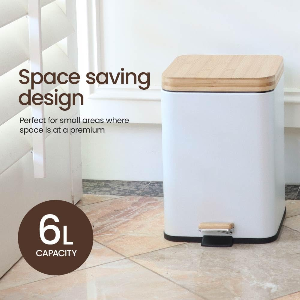 Eco Basics Square Rubbish Bin 6L, White &ndash; Eco-Friendly Waste Bin with Recycled Plastic, Bamboo Lid & Pedal, Soft Close, Compact Design for Toilets, Kitchens, Living Rooms & Small Spaces, 30X26X20Cm