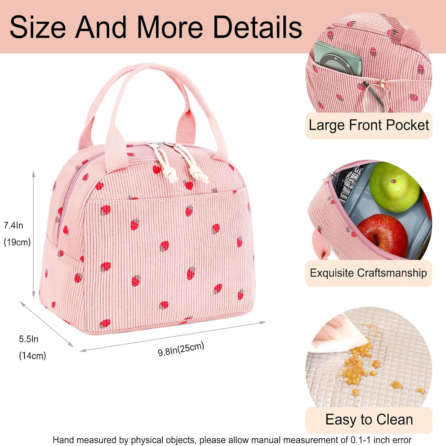 Lunch Bags for Women Insulated Cooler Lunch Bag Adults Kids Packed Lunch Box Tote Bag Cute Girls Ladies Lunch Bags for Work School Picnic Travel Pink Preppy Stuff Gifts for Teenage Girls Daughter - Beige Strawberry image number 7