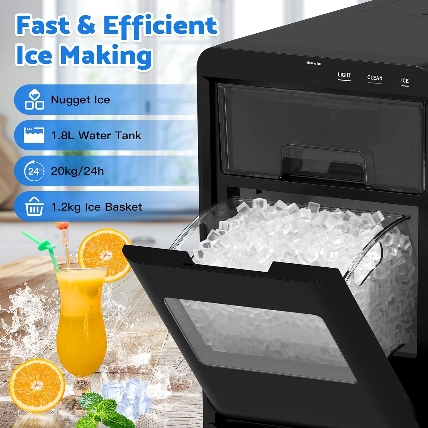 Advwin Nugget Ice Maker, Chewable Ice Machine with Soft Pebble, 20Kg/Day Countertop Ice Maker with 1.8L Water Tank, 1.2KG Ice Basket Kitchen Appliances for Home, Kitchen, Bar, Parties image number 3