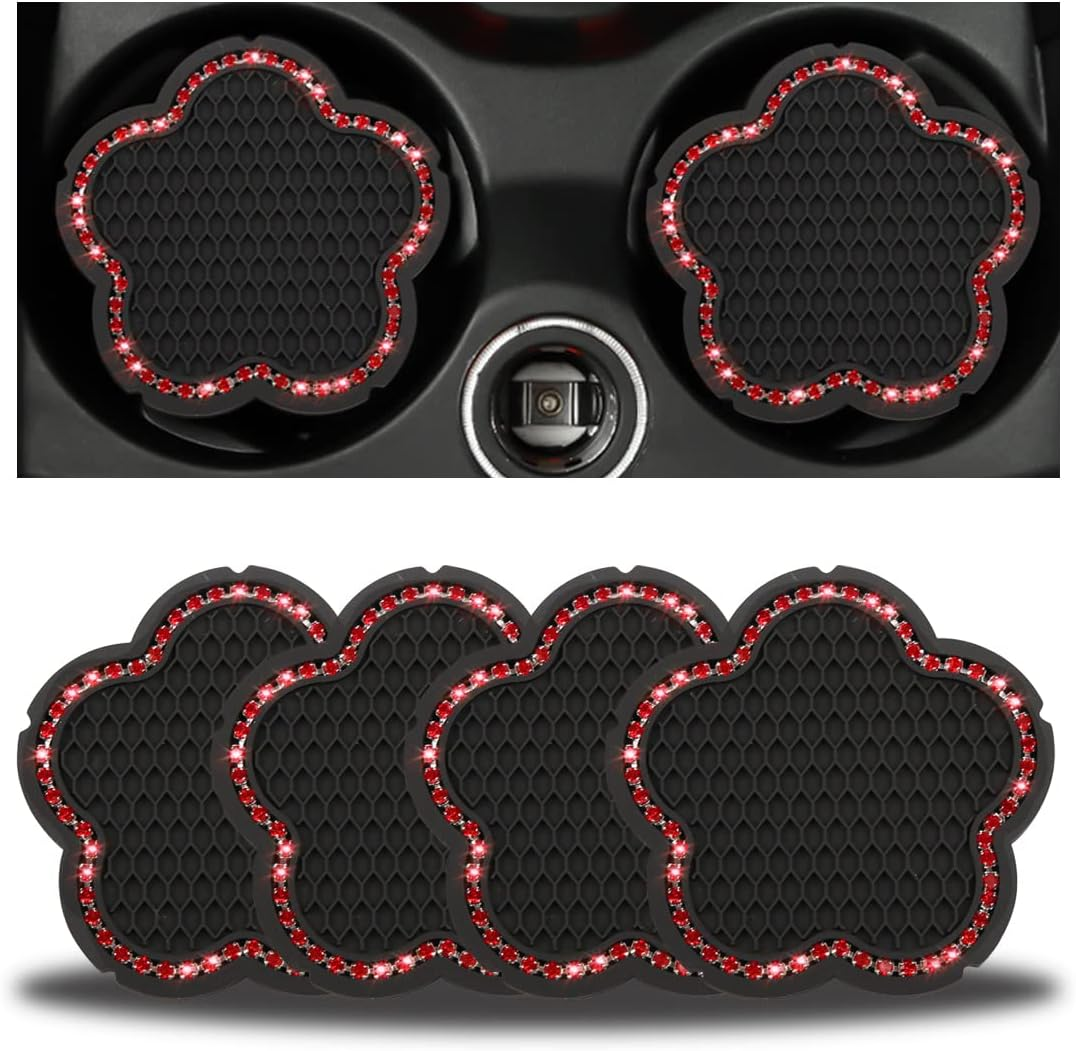 BELOMI 4PCS Bling Car Cup Holder Coaster, 2.75 Inch Crystal Anti-Slip Vehicle Cup Holder Insert Coaster, Rhinestone Cute Plum Blossom Pattern Auto Drink Mat, Universal for Women Girls(Pink) image number 1