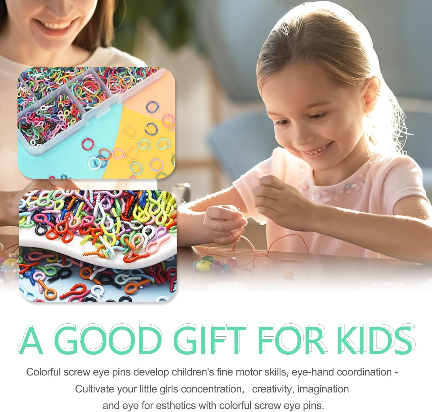 Keadic 1200Pcs 2 Sizes Mini Metal Screw Eye Pins and Open Jump Ring Set, Colorful Jewelry Making Findings Supplies for Cork Bottles Earring Charm Crafting image number 2