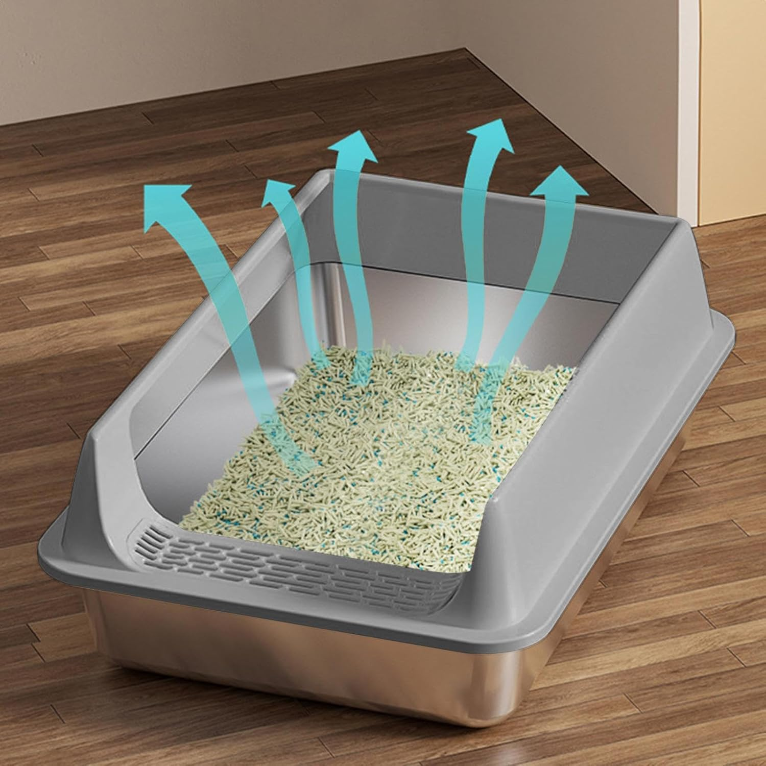 YNPQTDS Cat Litter Tray 40 X 30 X 19 Cm Recessed Semi-Open Cat Litter Tray with Shovel Odour Resistant Cat Litter Tray Stainless Steel for Large Medium Small Cats image number 5