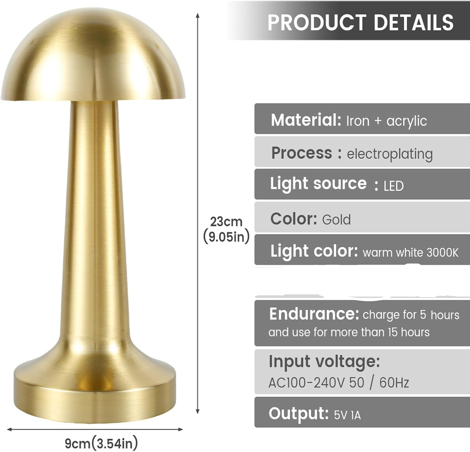 Cordless Table Lamp, Rechargeable Touch Control LED Desk Lamp with 3 Level Warm Brightness Dimming, Metal Eye-Protection Bedside Lamp Reading Light for Bedroom, Restaurant, Indoor Outdoor (Gold A)