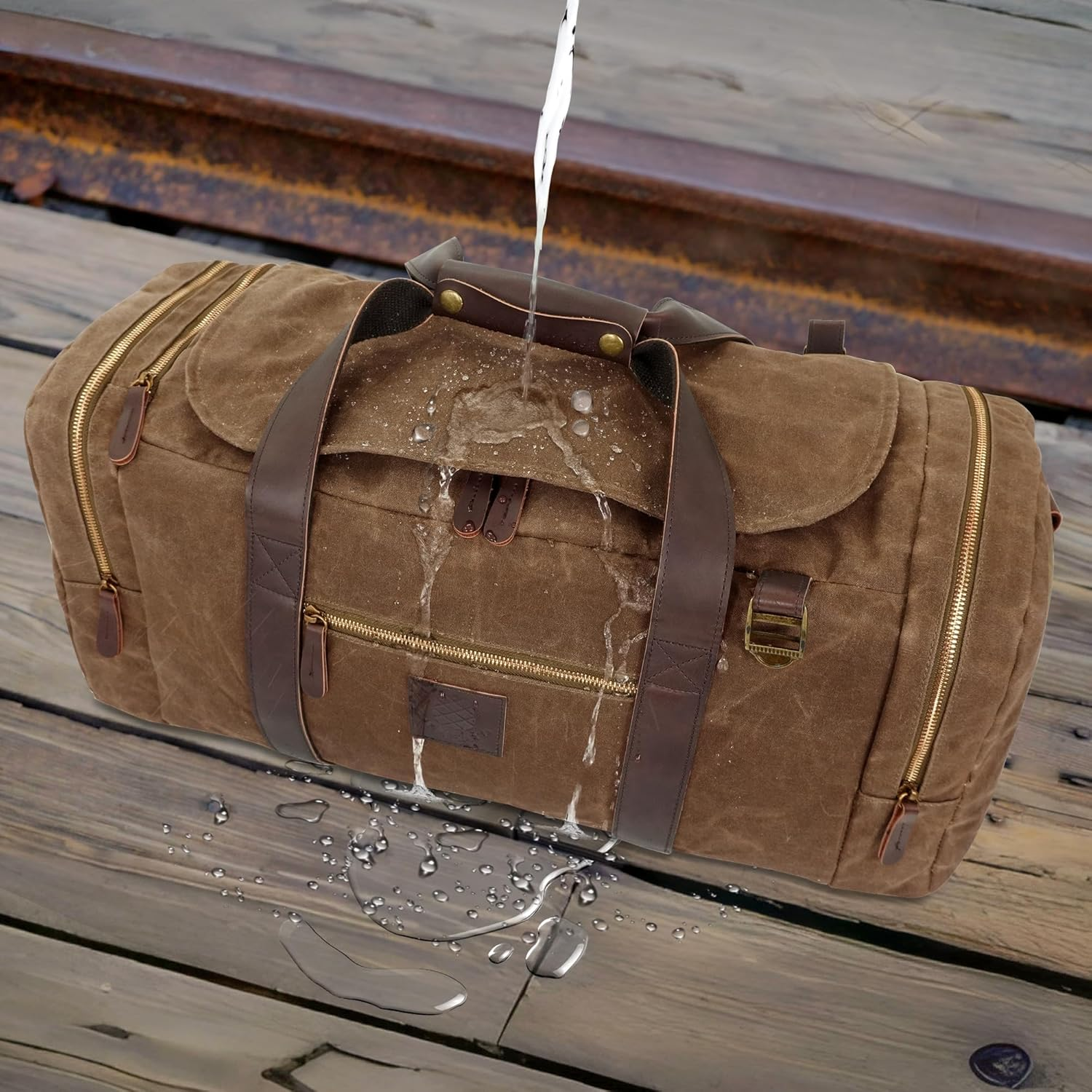 Densata Travel Bags for Men, Nomad Canvas Duffle Bag Vintage Genuine Leather Travel Duffel Bag Multifunctional Weekender Overnight Backpack with Shoes Compartment, Vintage Dark Brown, Large-50L image number 4