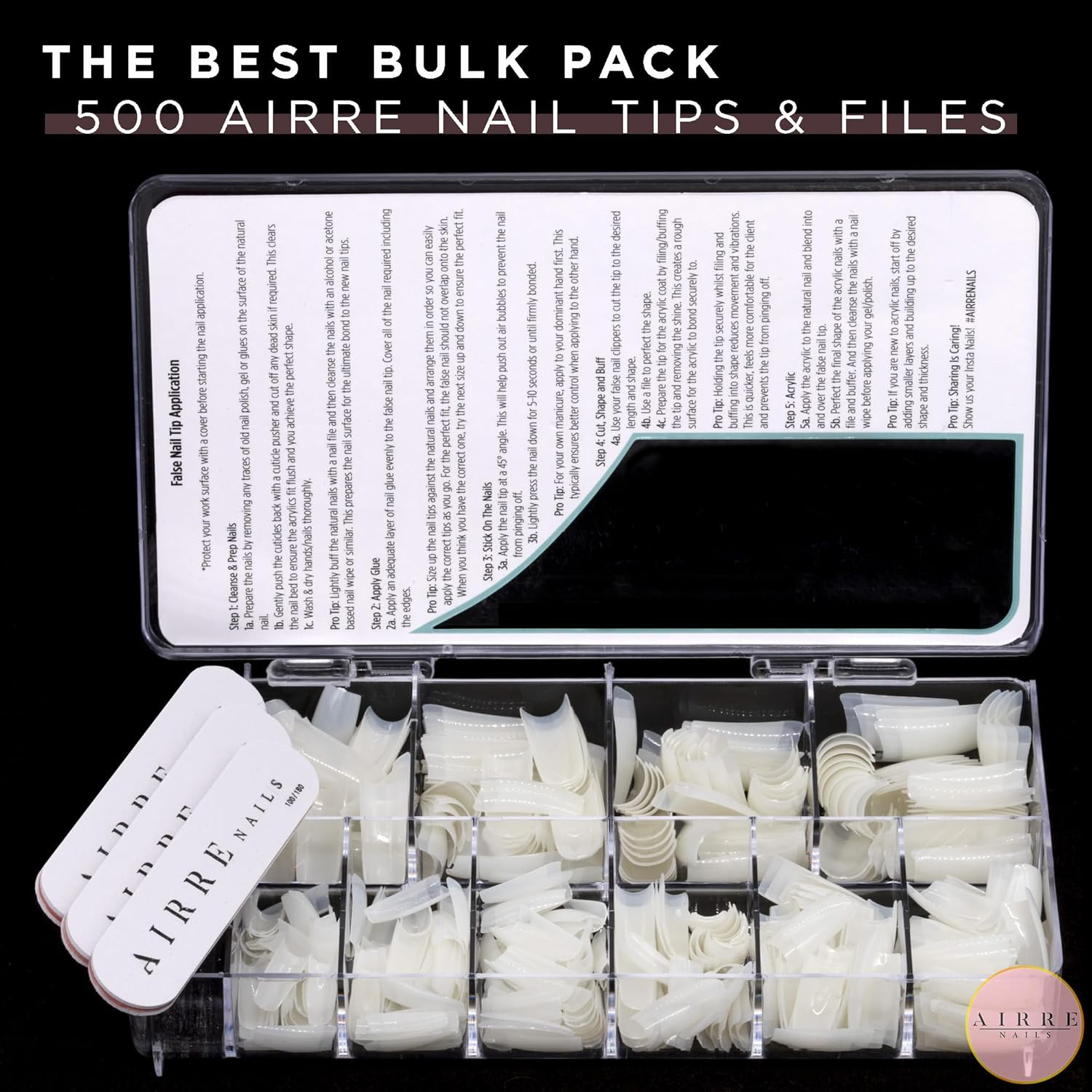 500 AIRRE Pro Acrylic Nail Tips & 3 Files with Box - (10 Sizes) French Square Half Cover False Nails. for Salons MUA & Home DIY. Use: Cut, File & Shape, UV/LED Gel, Polish & Nail Art (Colour: Natural) - Natural image number 4