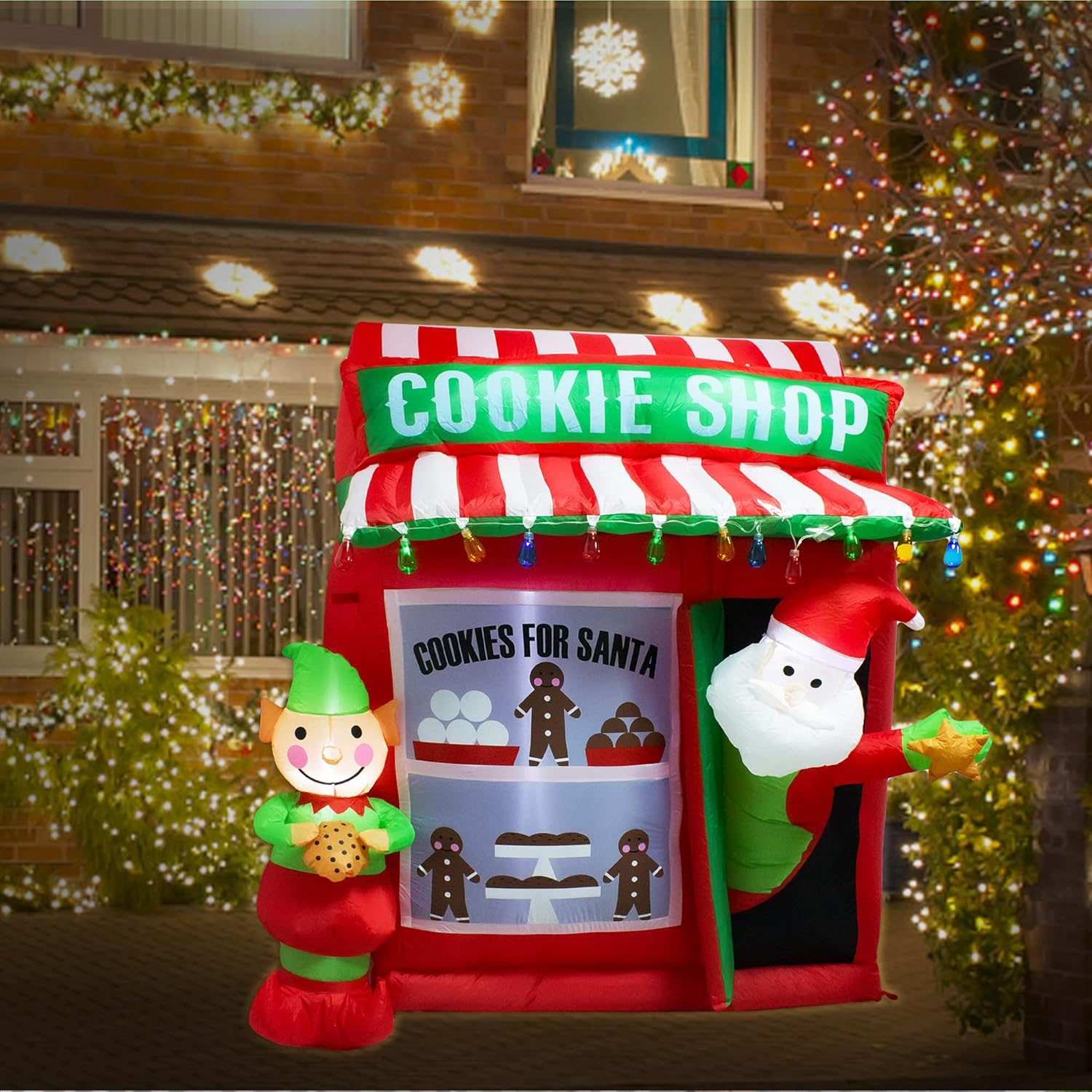 Luxfcup 6FT Christmas Inflatable Santa Elf Cookie Shop Decoration with LED Lights Outdoor Yard Christmas Blow up Decor