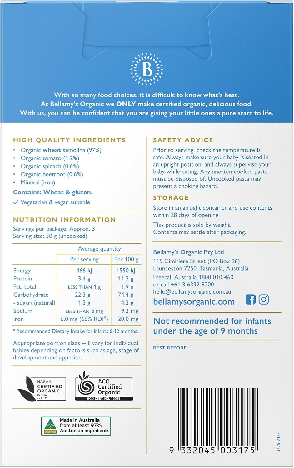 Bellamy'S Organic Veggie Pasta Spirals