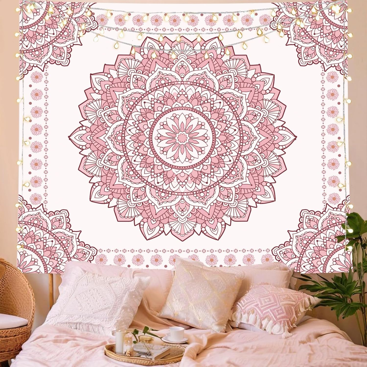 Boho Pink Mandala Wall Tapestry for Bedroom, White and Pink Aesthetic Tapestry Room Decor for Teen Girls, Extra Small Art Floral Wall Hanging for College Dorm 36X48 Inches image number 5