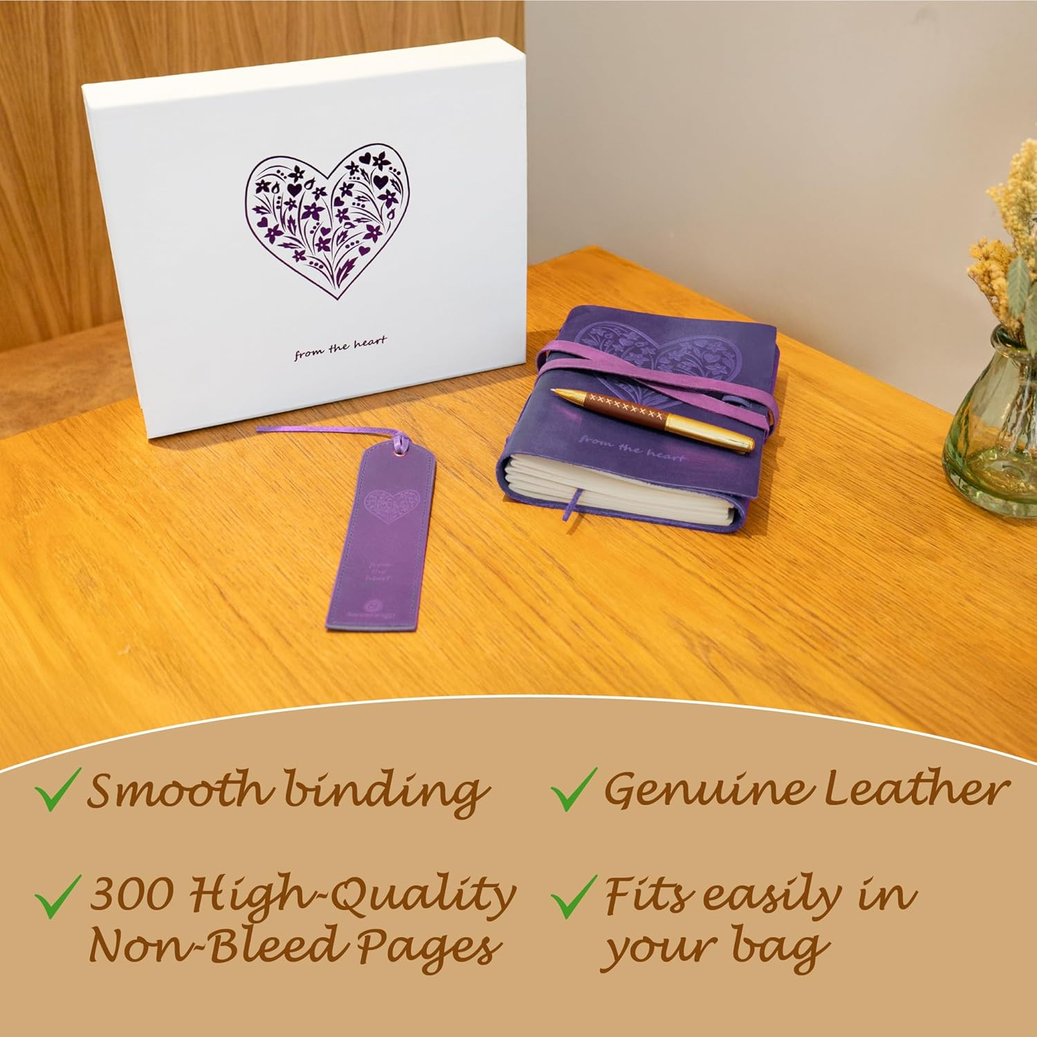 Sovereign-Gear Purple Heart Leather Journal Gift Set &ndash; Embossed Buffalo Leather Notebook + Bookmark & Pen - Romantic Writing Journal for Women - Premium Gift Box for Valentine&rsquo;S, Anniversary, Birthday