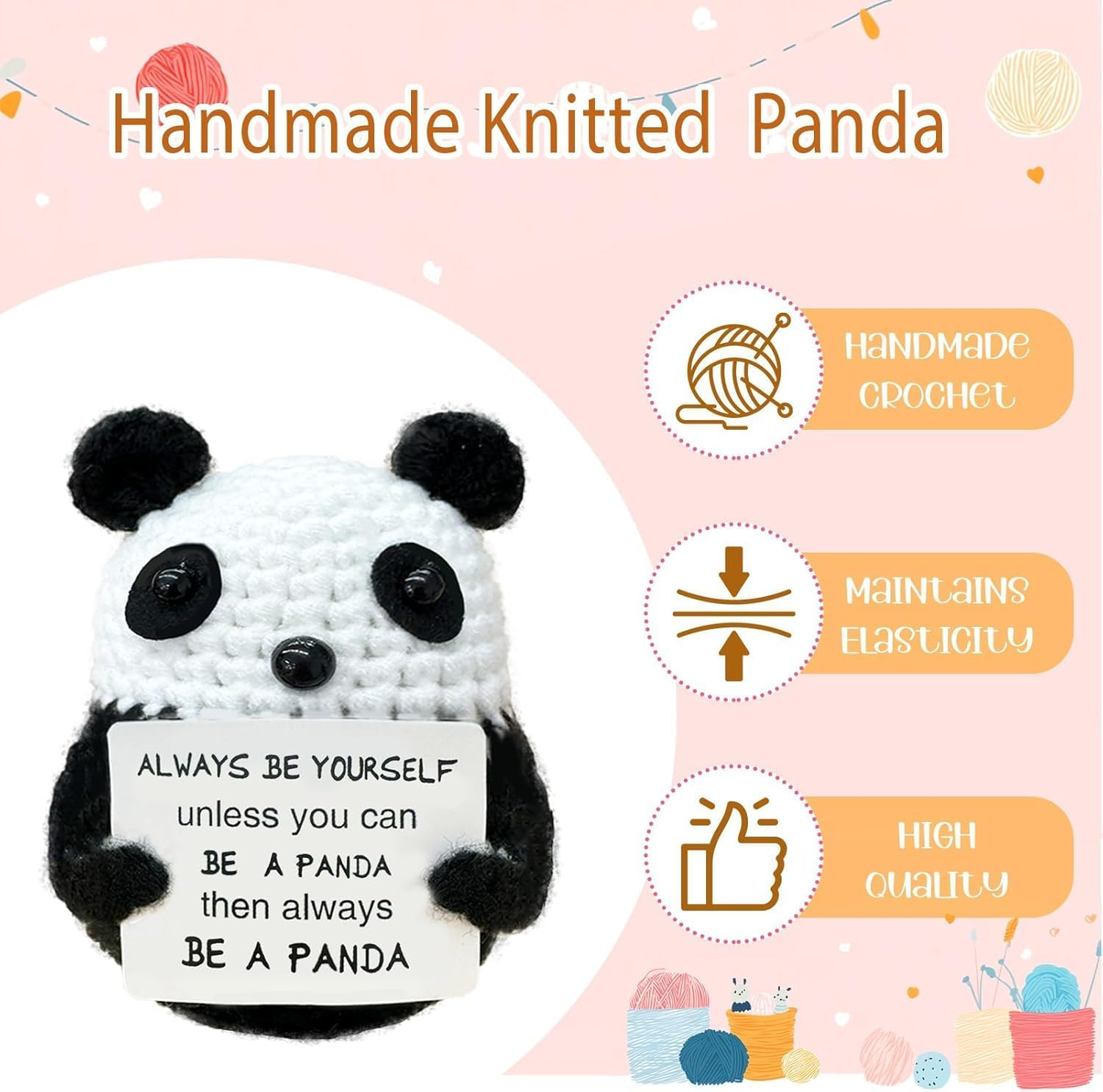 Fathers Day Gift Funny Panda Crochet Gifts, Inspirational Small Animals Cute Stuff, Birthday Gifts for Women and Men, Handmade Emotional Positive Crochet Panda Decor. image number 4