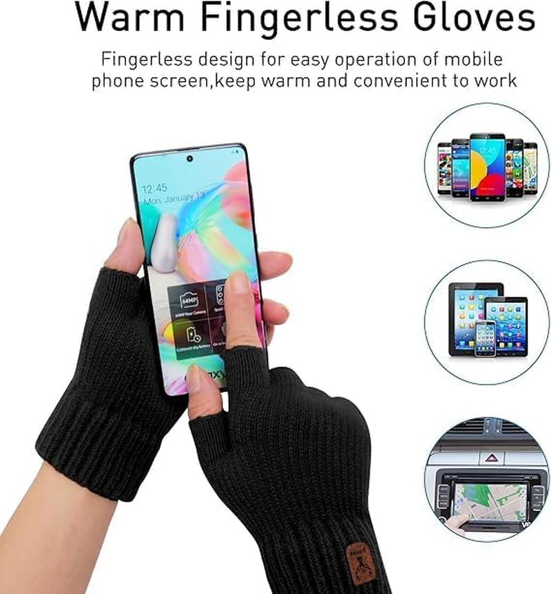 Fingerless Gloves 1 Pair Thermal Winter Gloves Warm Knitted Half Finger Gloves Mittens for Men Women Typing Driving Working (Black) image number 6