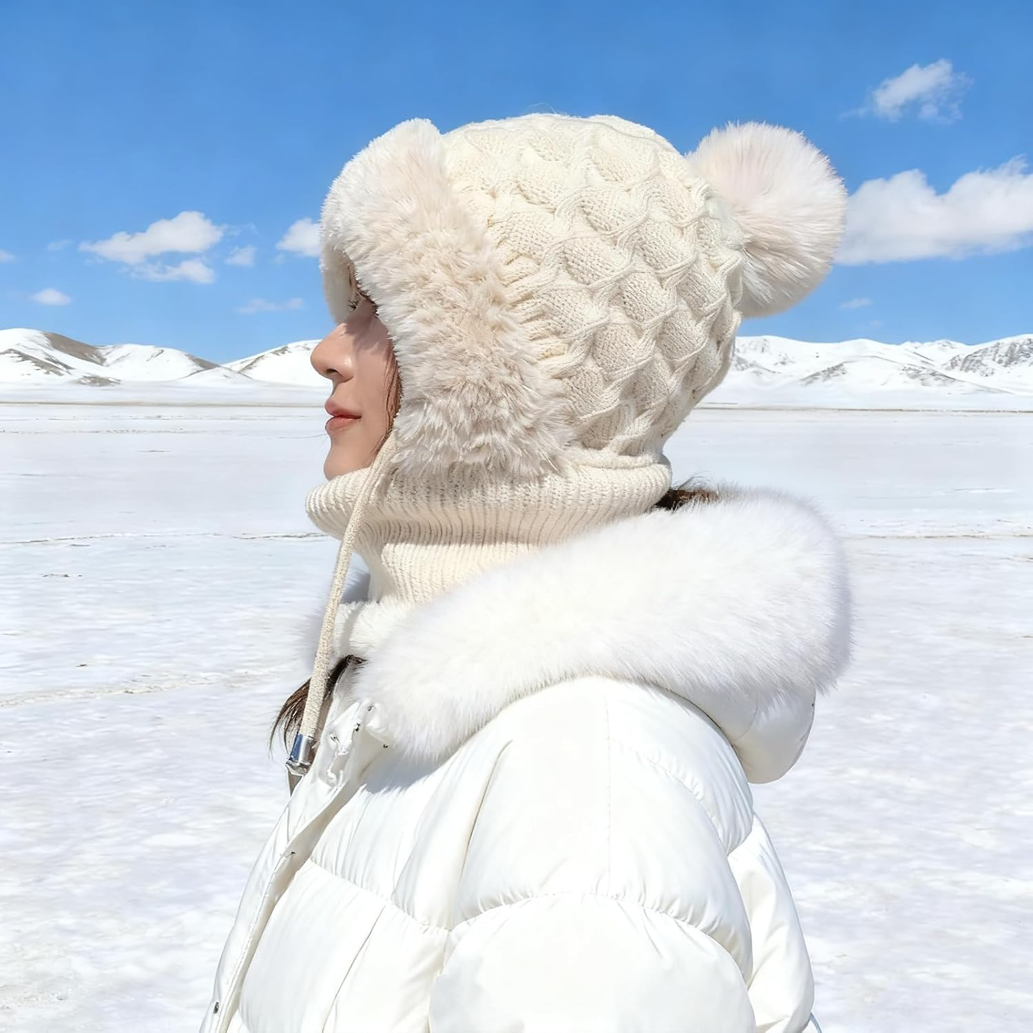 Bobble Hat for Women, 3 in 1 Winter Knitted Beanie Hat with Neck Warmer and Face Cover, Thick Fleece Lined Windproof Thermal Wooly Hat for Cycling Skiing Cold Weather - Beige image number 2