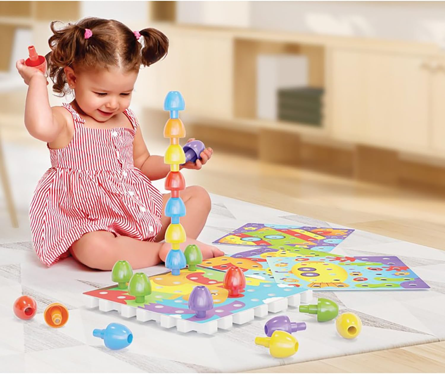 Quercetti - Jumbo Peggy Medium - Stacking Peg Toy with Illustrated Cards and 9 Linking Boards and 36 Pegs, for Kids Ages 2 Years + image number 5