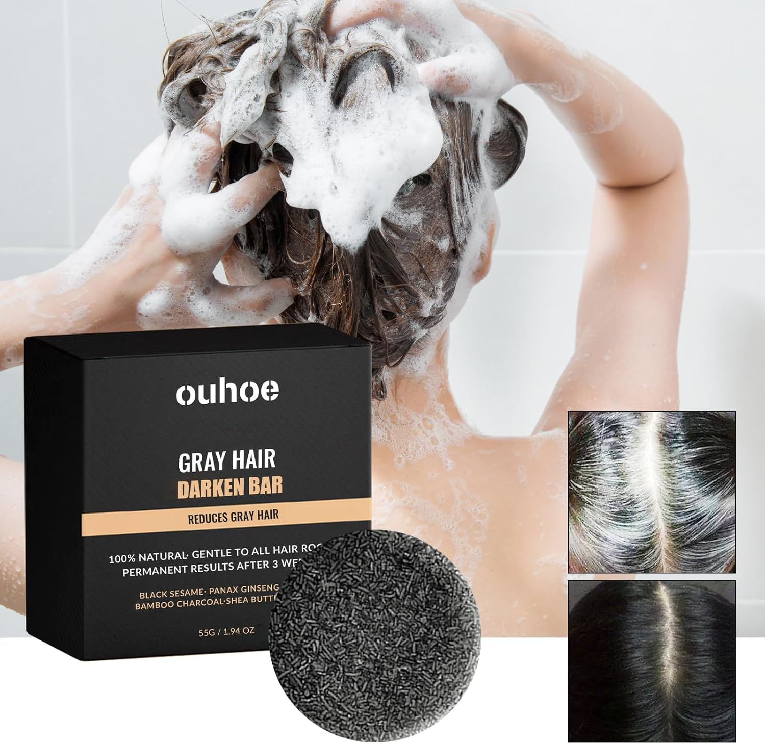 Gray Hair Darken Bar Soap Natural Charcoal Sesame Extract Nourishing Moisturizing Shampoo Bar for Men and Women Suitable for Beard Eyebrows Use (1)