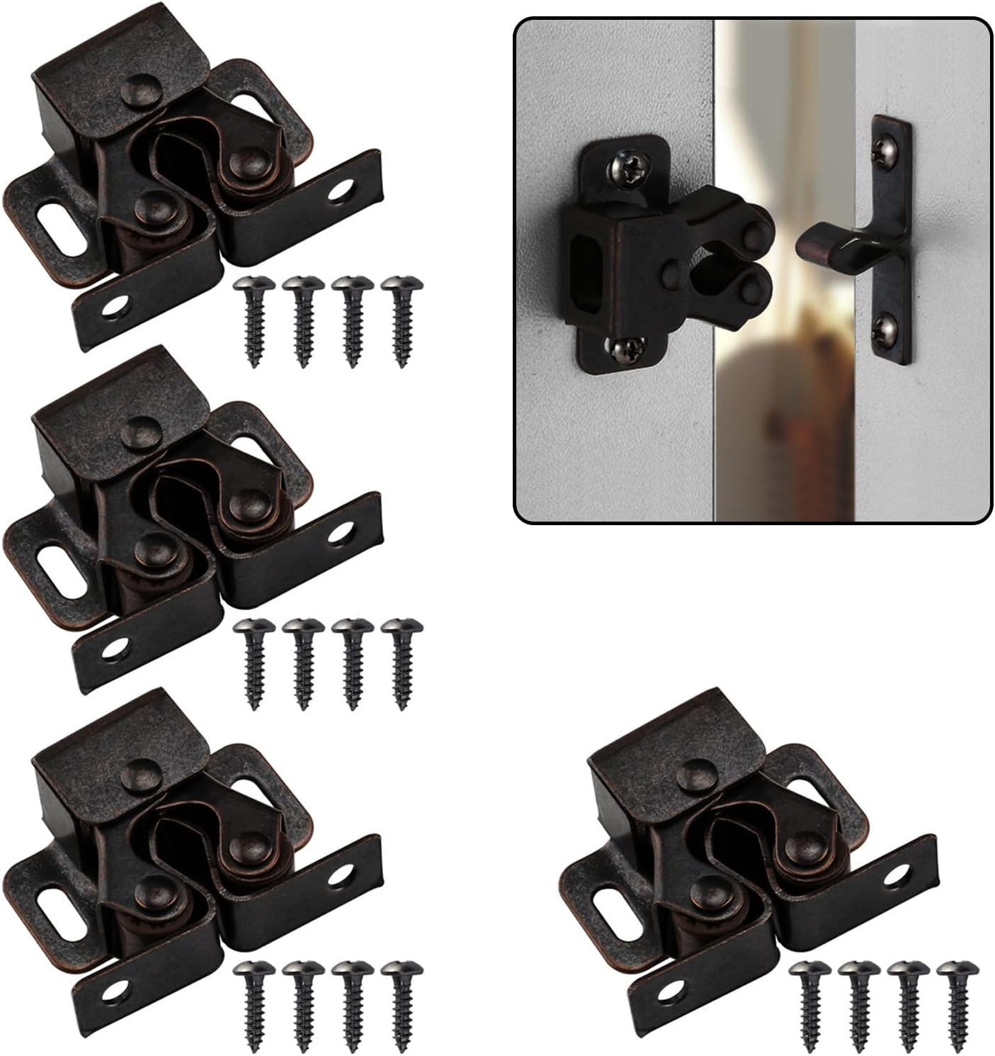 4 PCS Cabinet Latch Double Roller Catch Hardware for Cupboard Closet Kitchen Cabinet Door Latches and Catches,Closure Hardware for Cupboard and Closet Door Closing