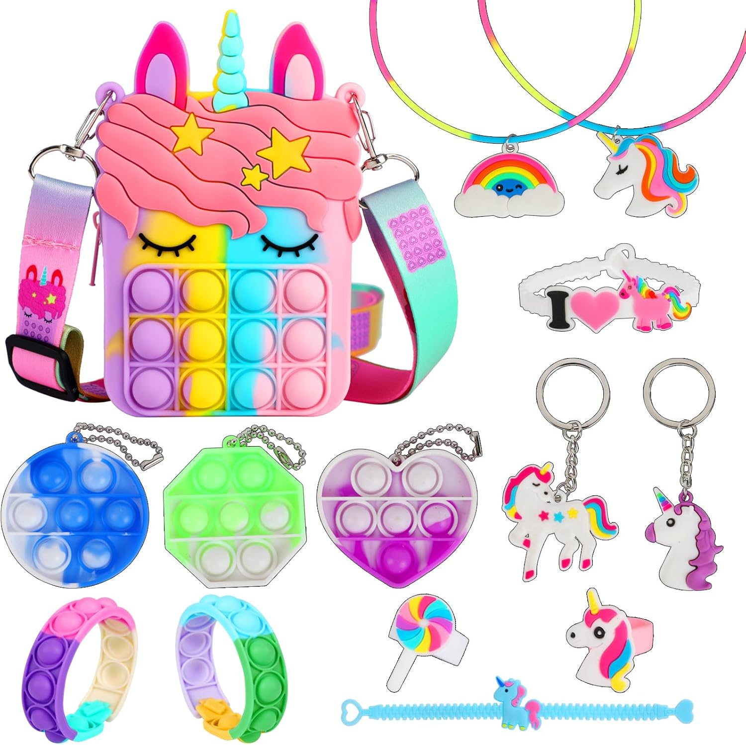 Fidget Purse, Pop Fidget Push It Bubble Popper Unicorn Bag with Bulk Fidget Bracelets Key Chain Stress Relief Toys for Girls Ages 3-12 Gift Easter Basket Stuffers Birthday Party Favor Xmas Stocking image number 1