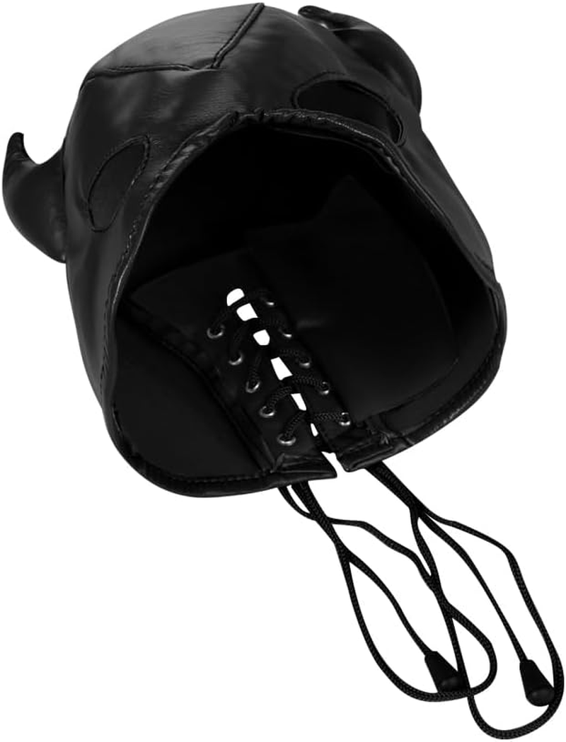 PU Leather Horn Full Cover Hood Mask Opened Mouth Show Eyes Face Mask Adjustable Lace-Up Hood Headgear Halloween Cosplay Fancy Dress Eye Mask Night Club Dress up Costume for Couple Games Carnival