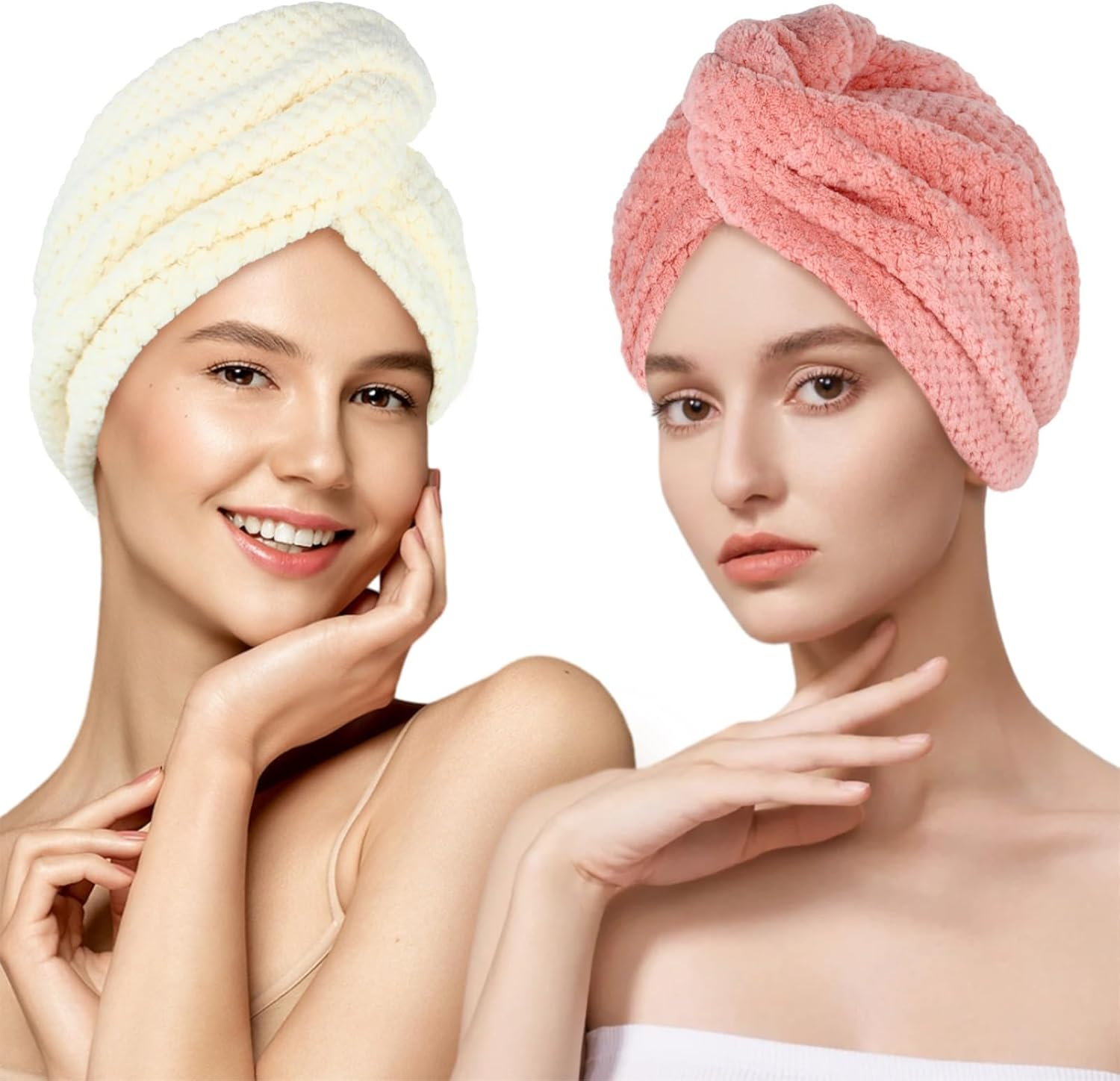 Super Absorbent Hair Towel Wrap for All Hair Long&Thick Hairs Turban Head Wrap with Pineapple Plaid Design Hair Towel Wrap for Women(Beige&Light Pink) image number 2