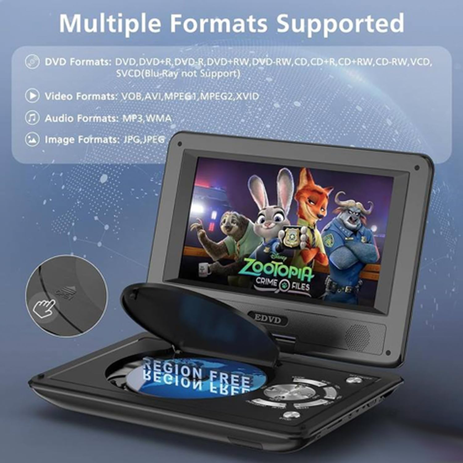 MINYII Portable DVD Player for Car with 11.5" Swivel HD Screen 2500 Mah Rechargeable Outdoor CD Player Support Sync Screen to TV, Support SD Card/Usb/Multiple Disc Formats (Black) - 15.6 Inch Screen image number 3