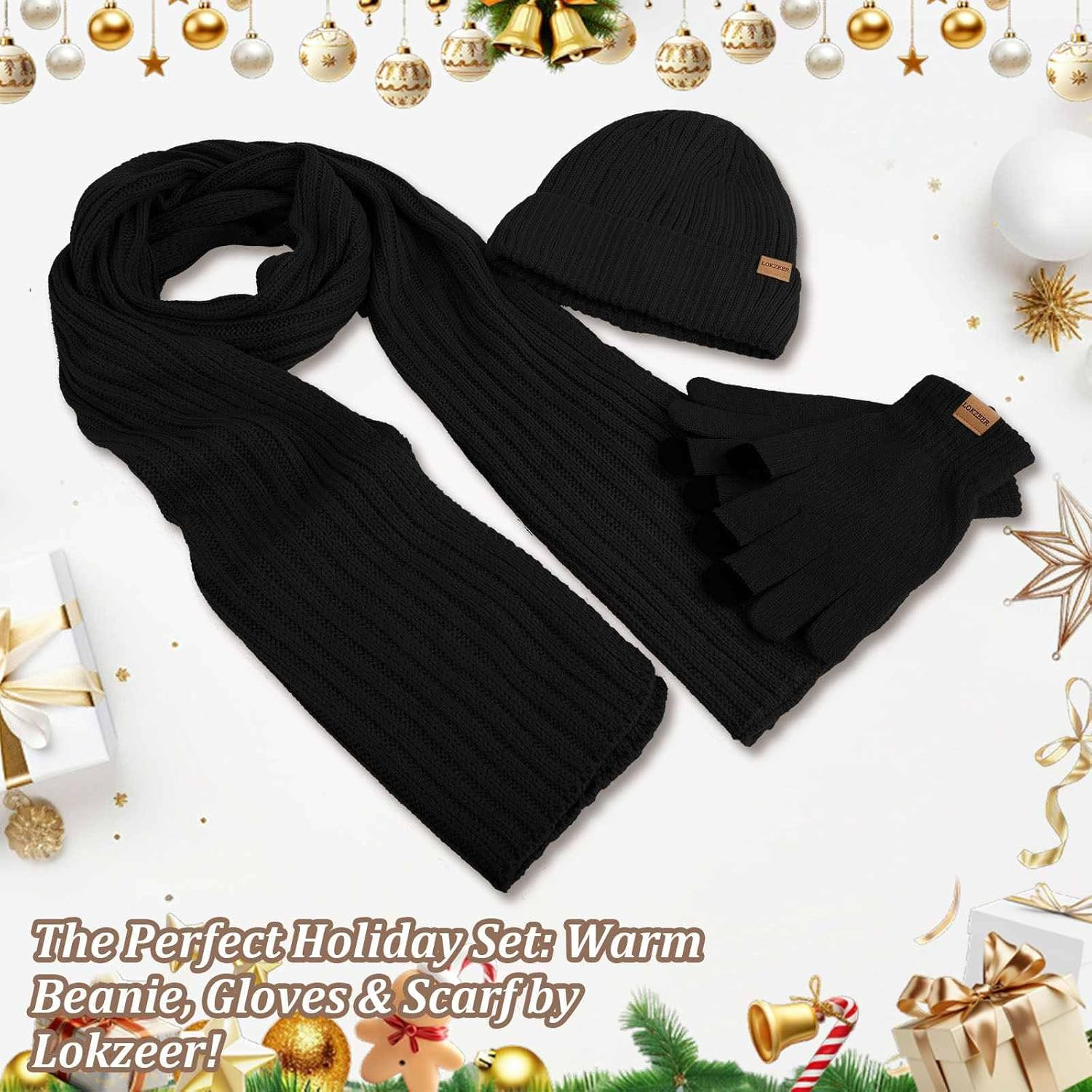 LOKZEER Winter Hat Scarf Gloves Set for Men Women - Warm Knit Beanie with Fleece Lining, Touchscreen Gloves with Non-Slip Silicone Palm, Thick Knitted Long Scarf, Warm Cold Weather (One Size)