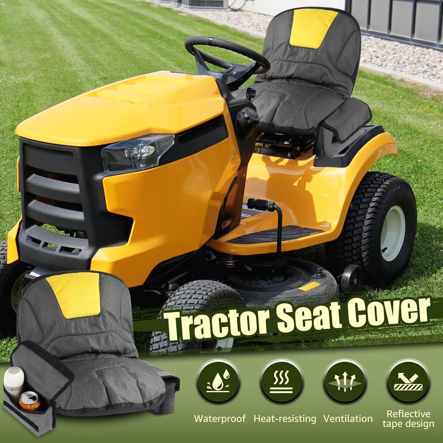 Lawn Mower Seat Cover with Multiple Pouch, Waterproof Lawn Mower Seat Protector Heat Resistance Tractor Seat Cover Breathable 600D Oxford Cloth Mower Seat Protective Cover for Lawn Mower image number 4