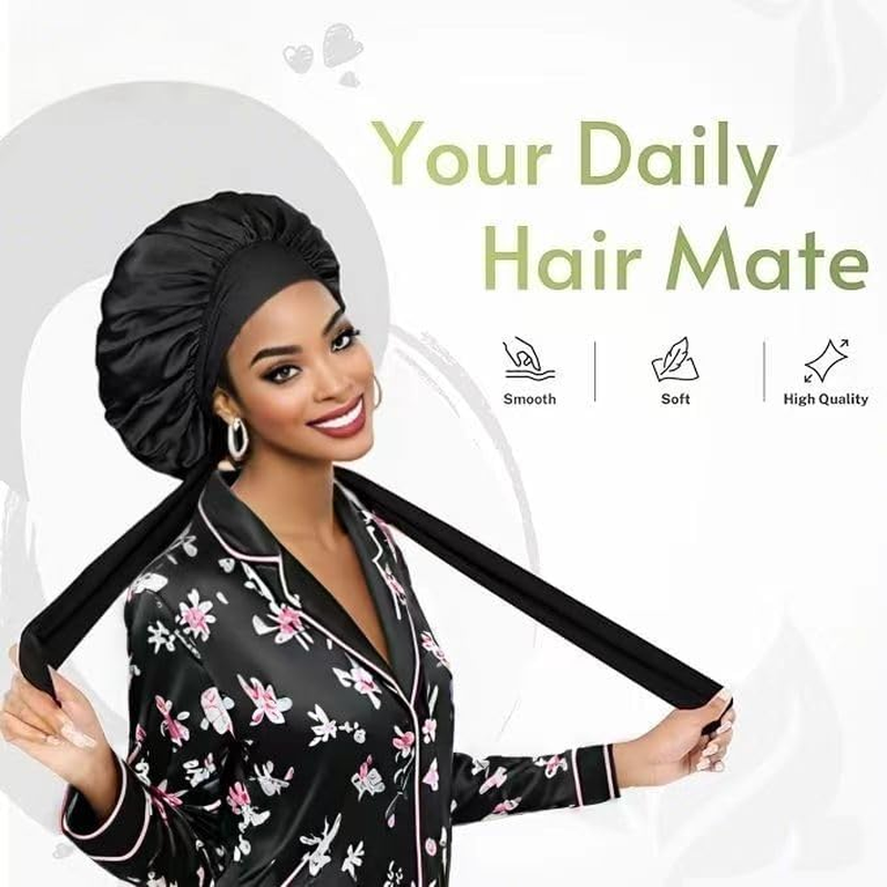 2 Pcs Large Silk-Like Bonnet for Sleeping, Satin Hair Bonnet for Sleeping with Tie Band, Silky Soft Night Satin Bonnets for Women Men Natural Curly Hair Shower Cap,Imitation Silk Sleep Cap image number 2