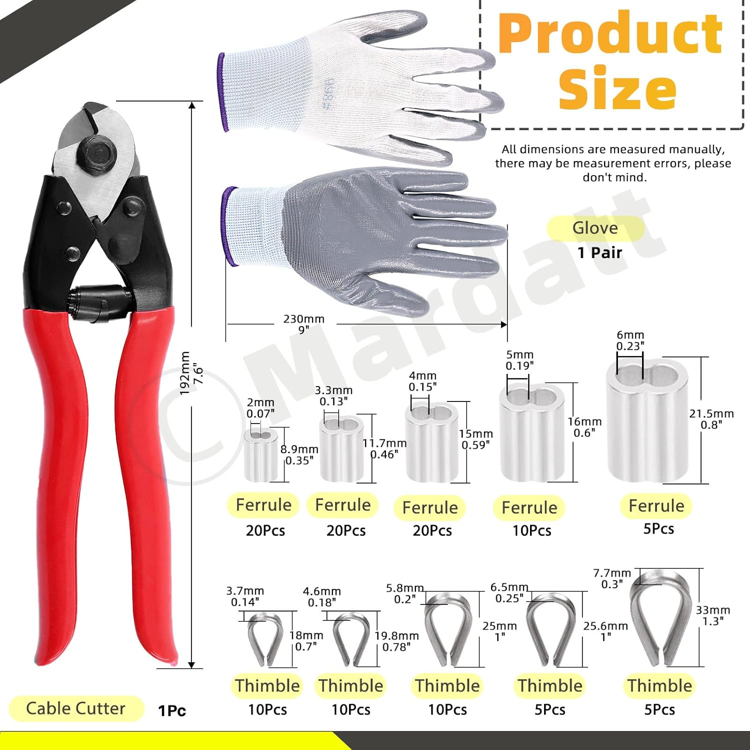 Mardatt 117Pcs Cable Wire Cutter Set Includes 8" Cable Cutter, 5 Sizes Aluminum Crimping Loop Sleeve & Wire Cable Thimbles and Anti-Cutting Gloves image number 4