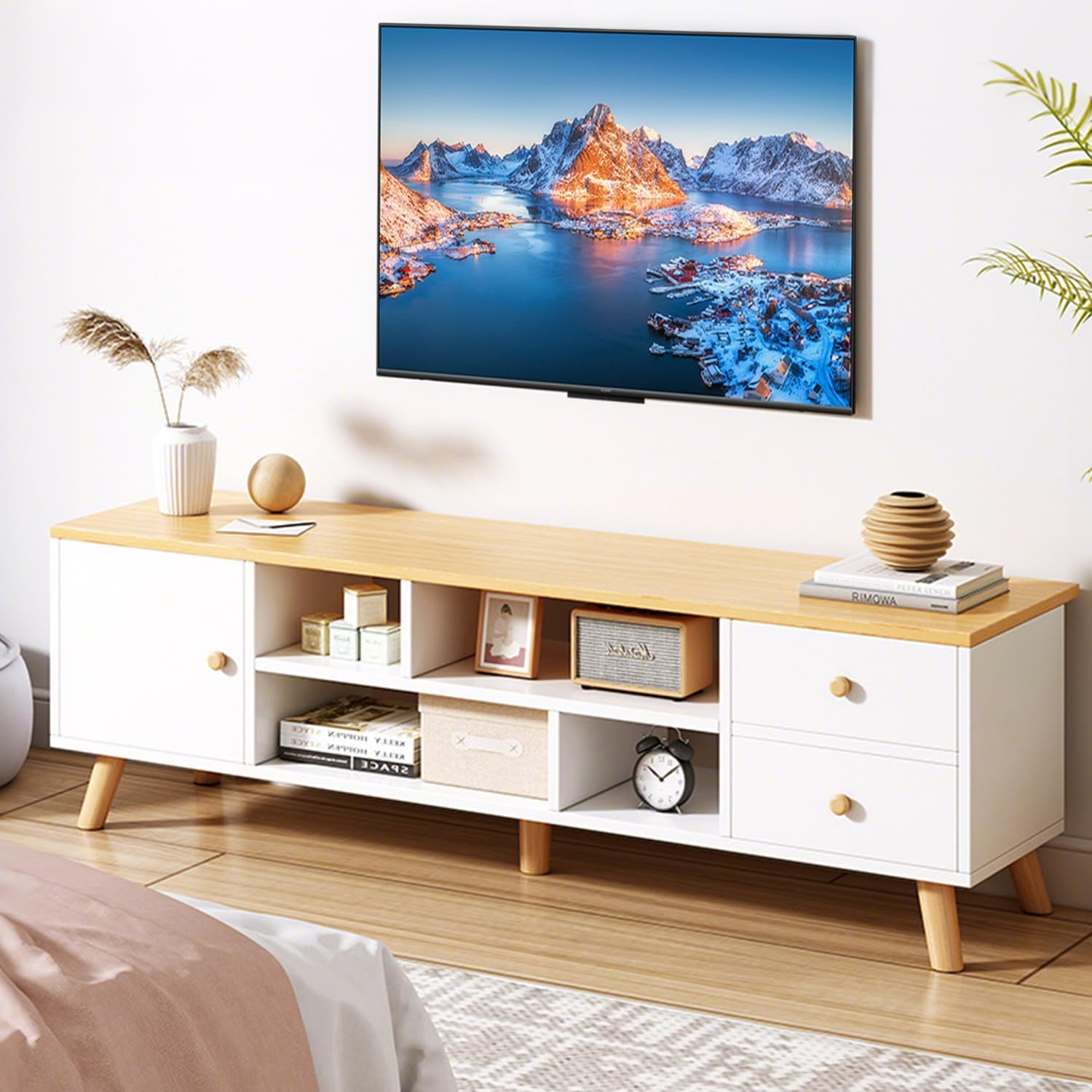 Uandhome Modern TV Cabinet,Wooden TV Entertainment Media Center Console Table with Drawers and Doors and Open Storage Shelf, Multifunctional TV Stand/Unit for Living Room,Bedroom (Wood 140*30*38Cm)