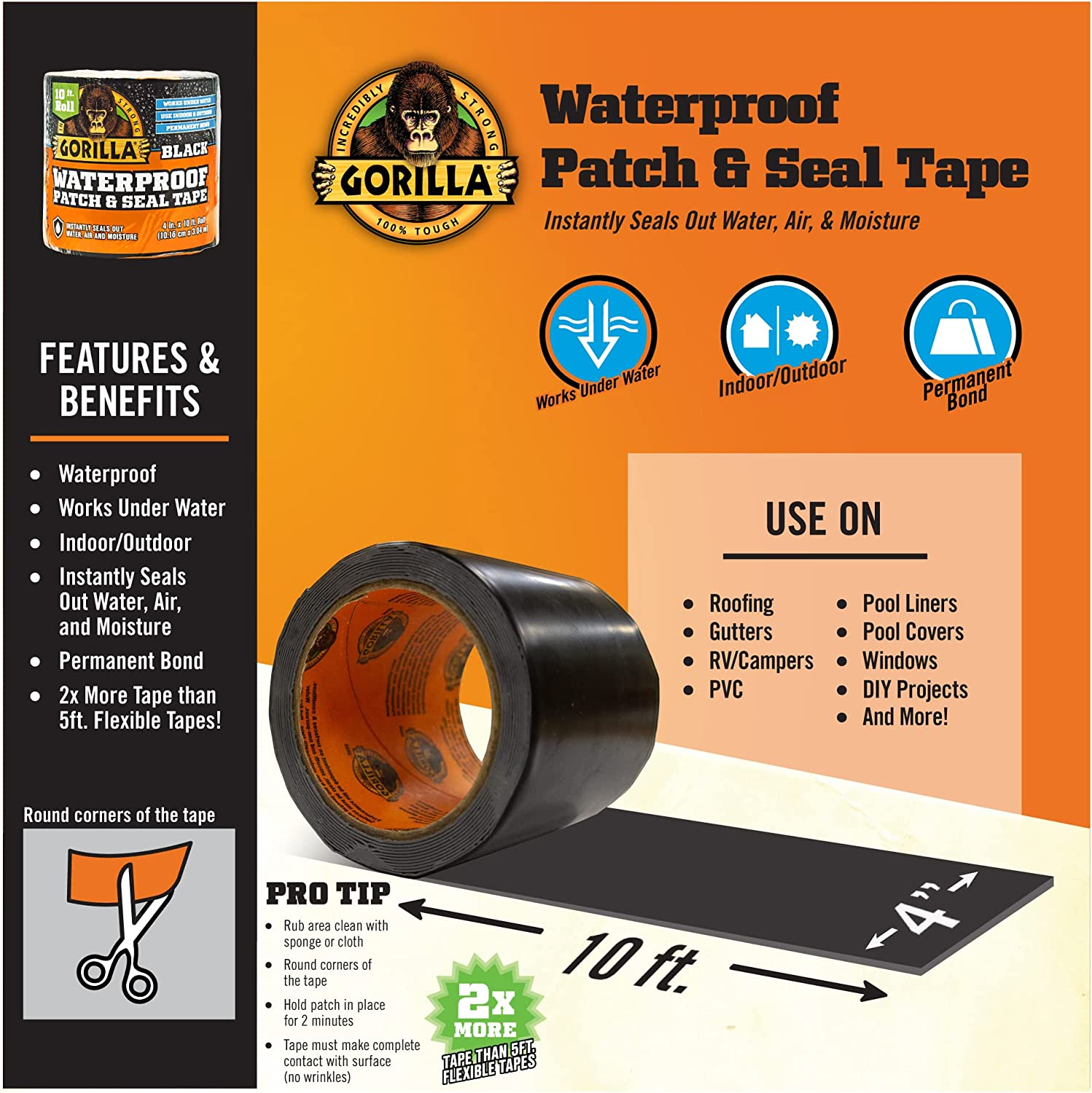Gorilla Waterproof Patch & Seal Tape 4" X 10' Black, (Pack of 2) image number 6