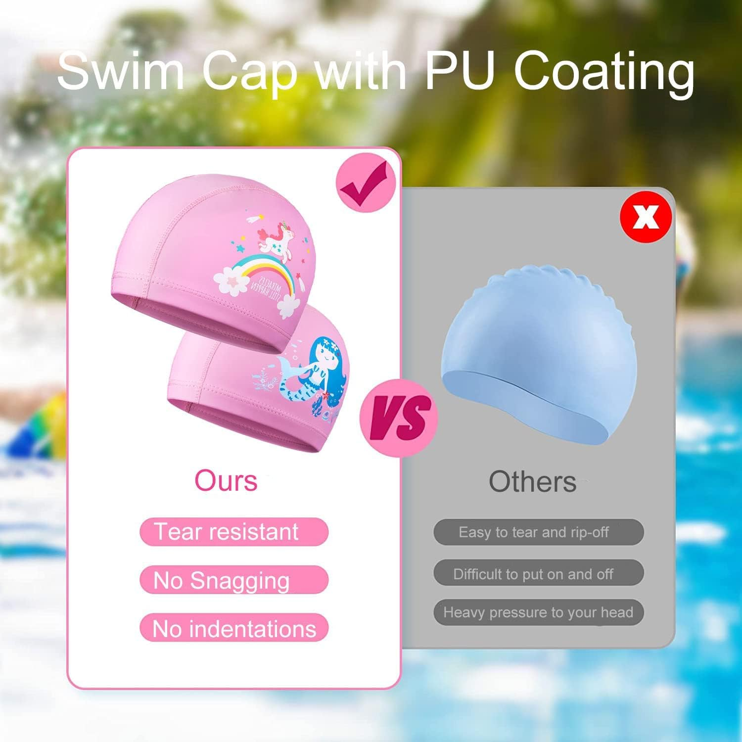 2 Pieces Swimming Cap Kids, Swim Cap Kids Long Hair, Waterproof Polyester Bonnet De Bain for Kid, Cartoon Mermaid Unicorn Kid Swim Cap, Kids Swimming Caps for Aged 2-12 Girls Teens image number 2