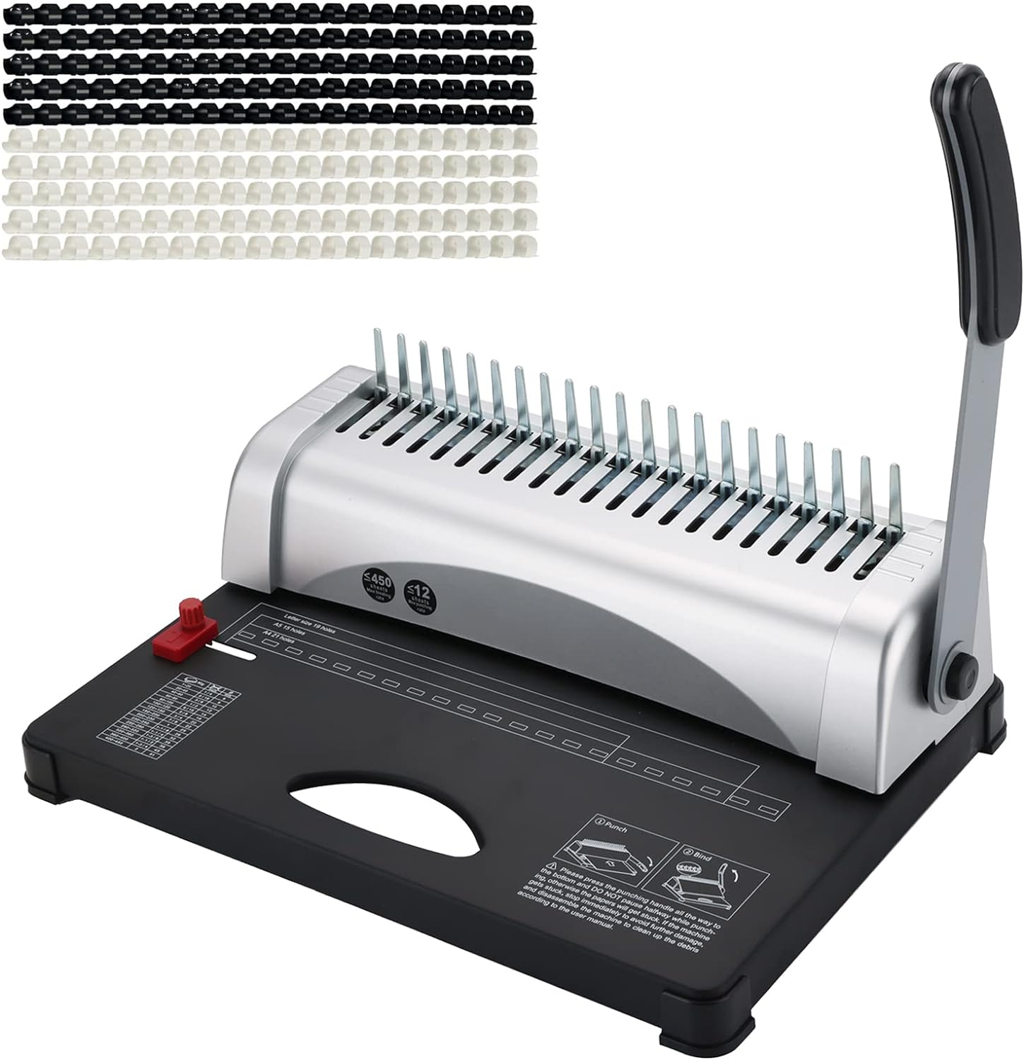 MYFULLY Comb Binding Machine, 21-Holes, 450 Sheets, Paper Punch Binder with Starter Kit 100 PCS PVC Comb Bindings Perfect for Letter Size, A4, A5 or Smaller Sizes Office Documents image number 4