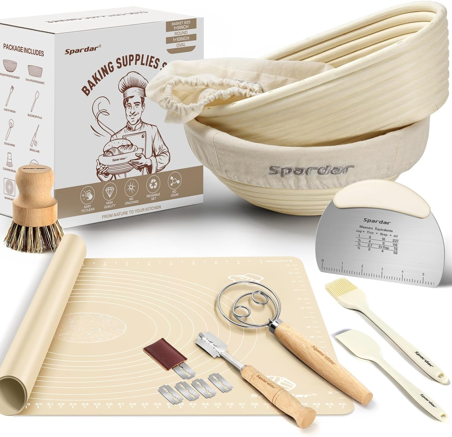 Sourdough Starter Kit, Bread Proofing Basket Set Oval Round, Sourdough Kit with Bread Lame, Danish Dough Whisk, Dough Scraper, Bread Bag and Brush image number 4