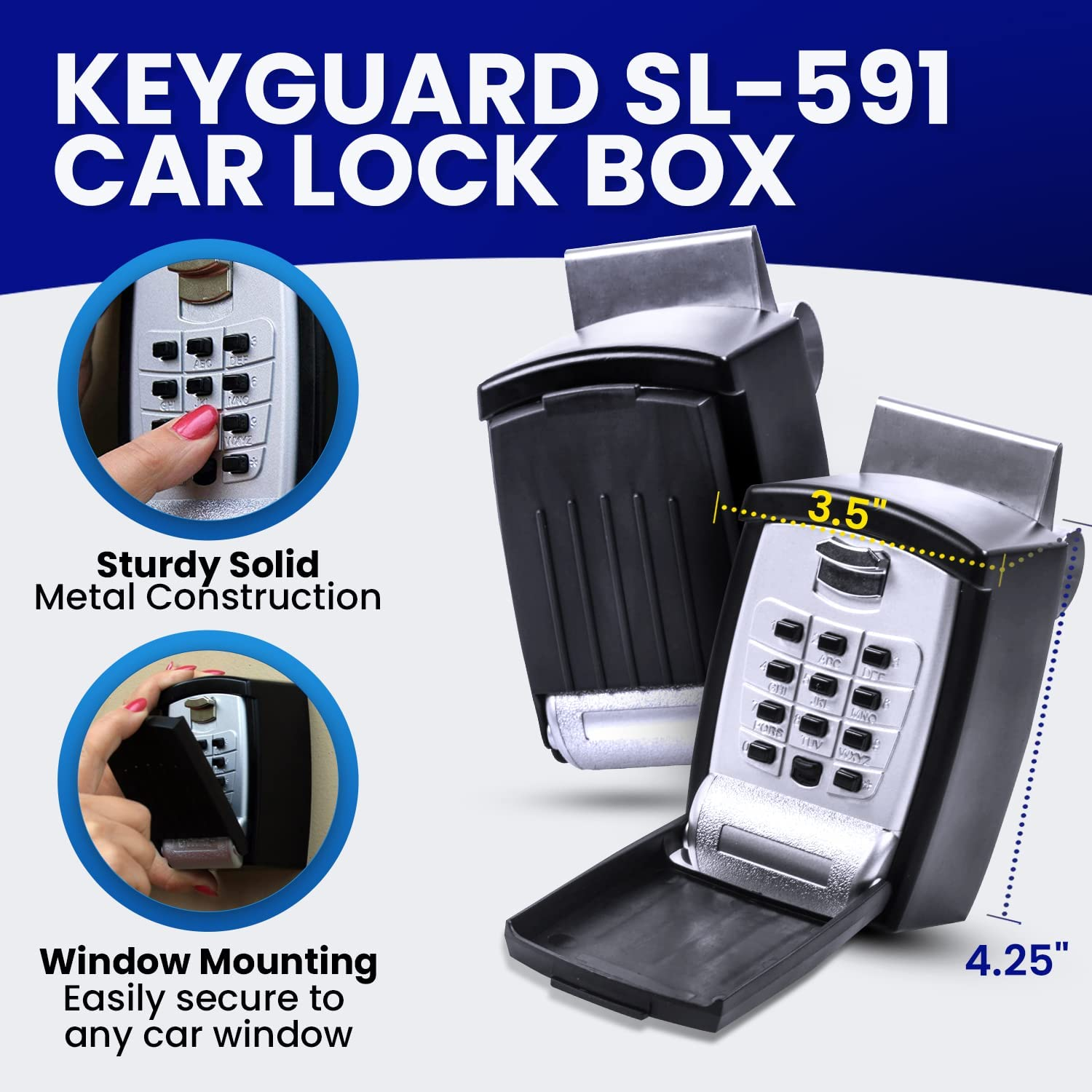 Keyguard SL-591 Car Window Punch Button Lock Box, Black- Portable Key Storage Vault Lockbox Fits House Keys, Car Keys, Fobs, Credit Cards/Ids + | Rideshare Keypad Safe Box, Digital Push Button Lock