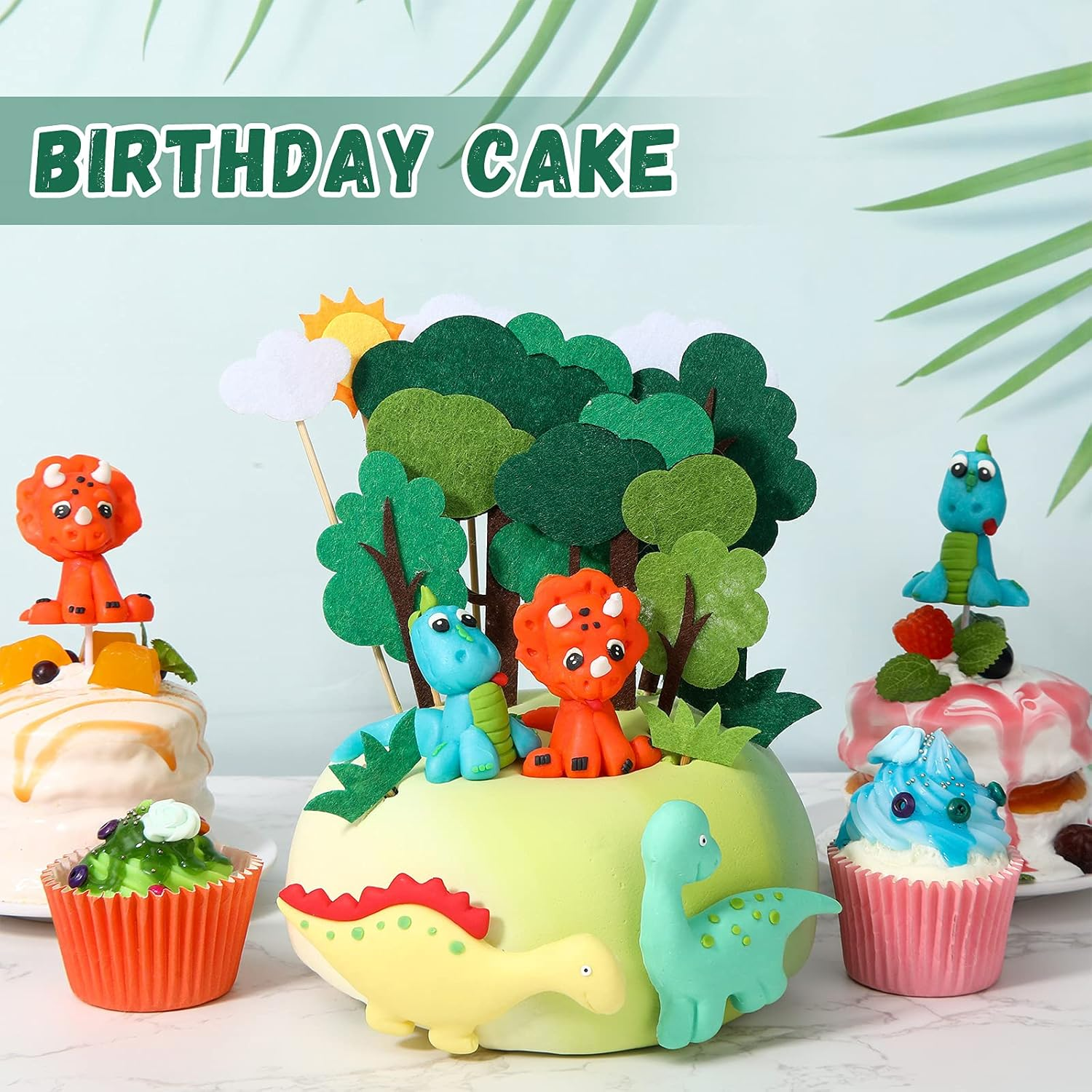 Dinosaur Cake Toppers Forest Series Dinosaur Decoration 16 Pieces Dino Jungle Safari Party Supplies Personalized DIY Cake Cupcake Inserts for Baby Shower Birthday Dinosaur Theme Party Favors image number 1