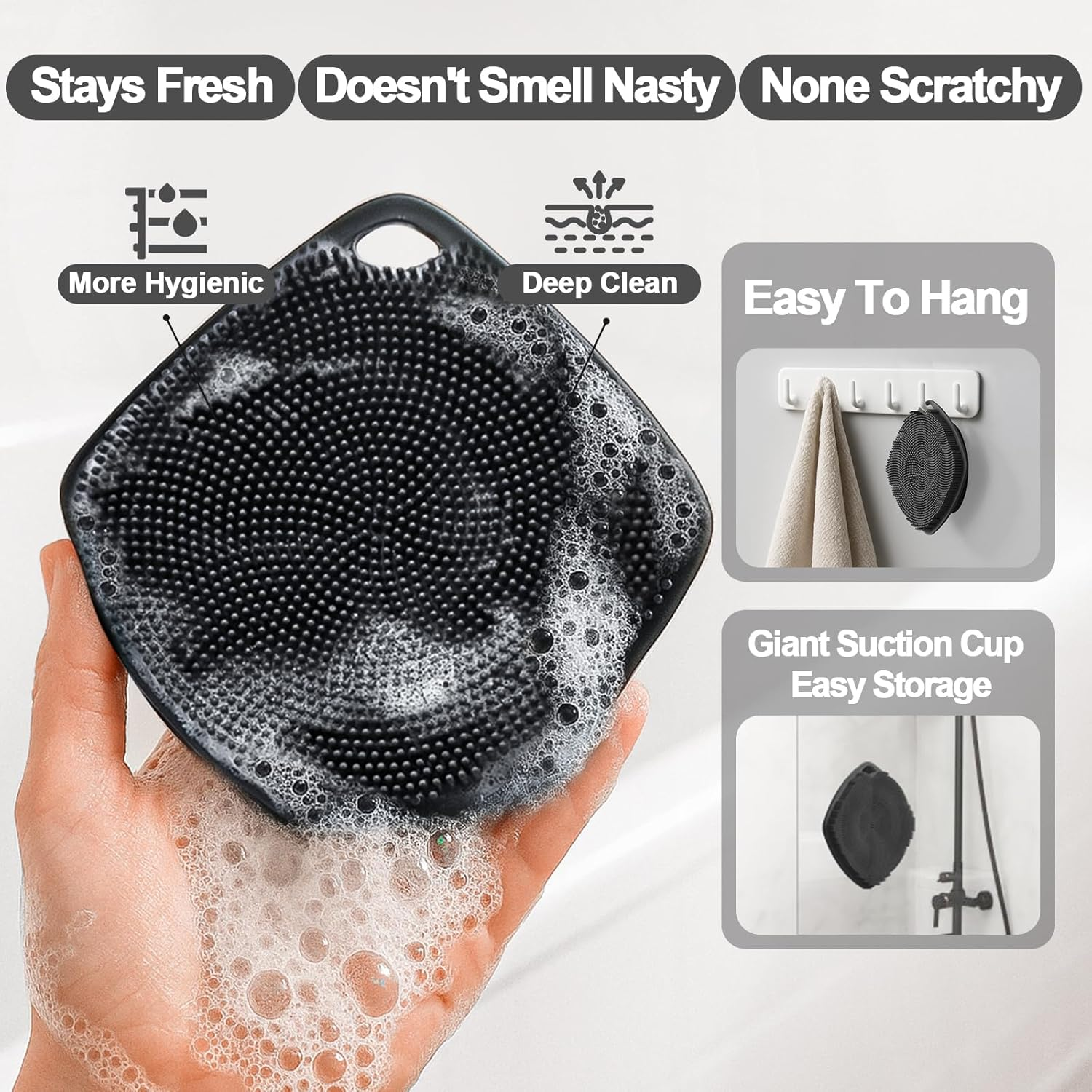 ARIOSOX Silicone Body Scrubber with Suction Cup, Gentle Texture Exfoliating Body Scrubber for Men and Women on Sensitive Skin, Build up Lather, Deep Skin Clean (Body+ Face Scrubber Black) - Black image number 2