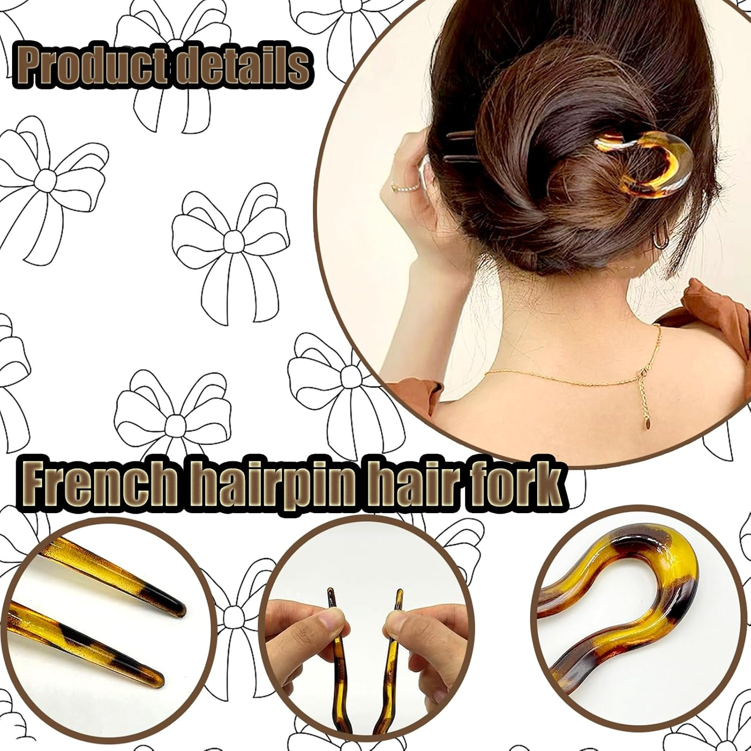 Pack of 12 U-Shaped Hair Pins, Hairstyle Chignon Pins, Vintage Hairpin Fork French, French Twist French Pin, Hairpin Stick French Style, French Hair Clips in Tortoiseshell image number 5