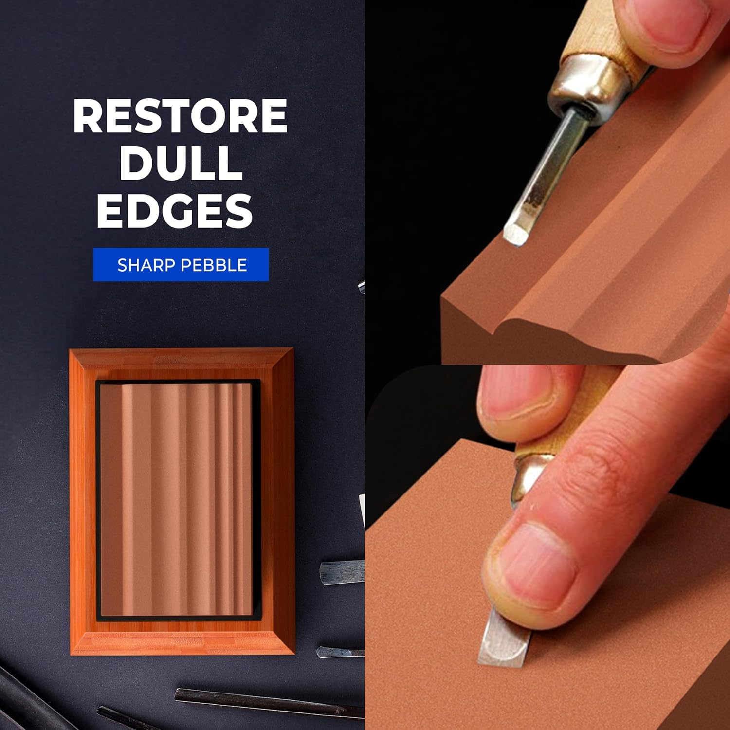 Sharp Pebble Whetstones Wood Carvers Sharpener-Dual Grit Sharpening Stones Grit 400 & 1000- Waterstone Sharpener for Woodworking, Wood Carving Tools, Chisels & Gouges with Non Slip Bamboo Base image number 2