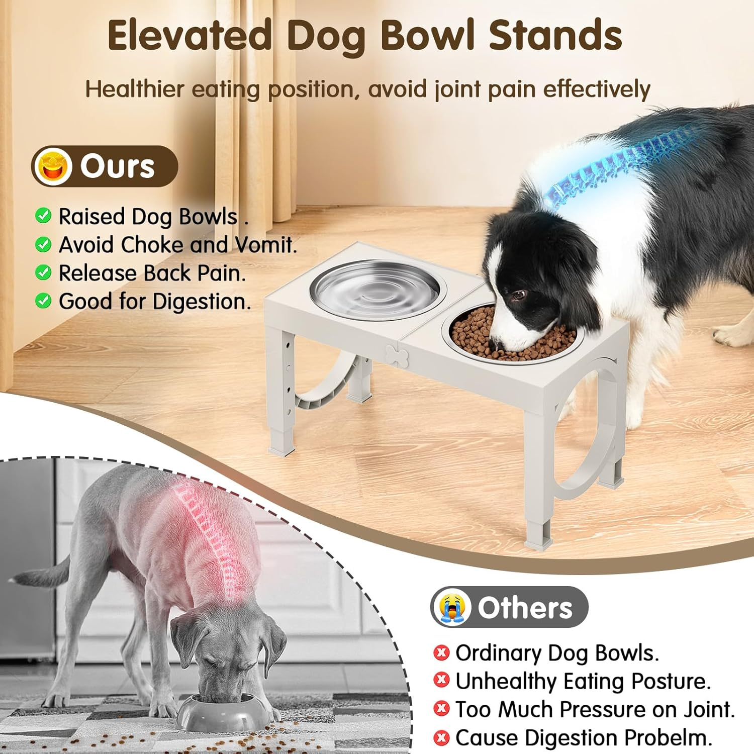 Elevated Dog Bowls for Medium Large Breed Dogs, 4 Height Adjustable Dog Raised Bowls Stand to 9.09", 10.63", 12.20", 13.78", 2 Thick Stainless Steel Dog Food Water Bowls, No Slip Dog Feeder, White - Grey image number 3