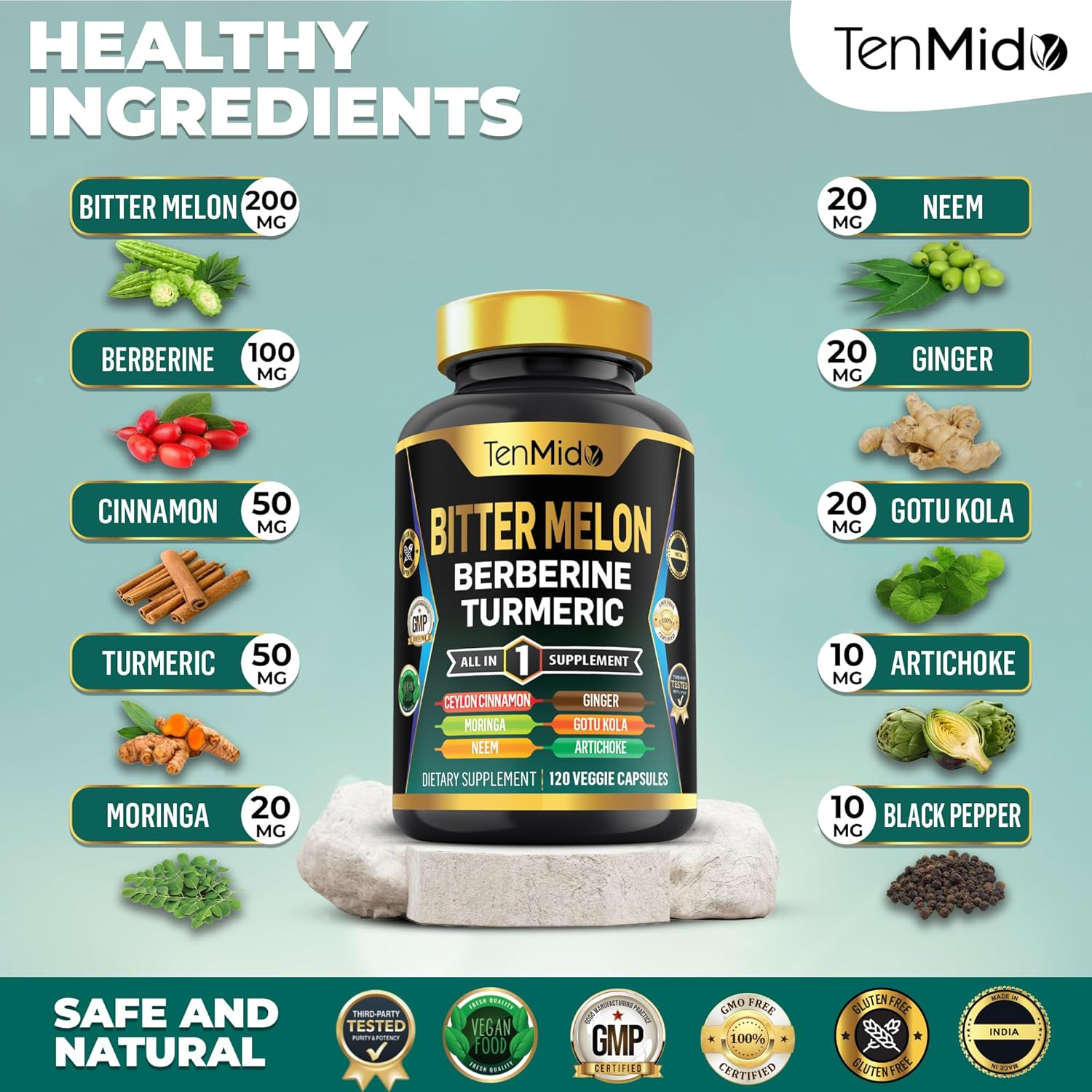 Bitter Melon Supplement - 10In1 Formula - Combine with Berberine, Ceylon Cinnamon, Turmeric, Moringa, Neem, Ginger, Gotu Kola, Artichoke, and Black Pepper - 120 Capsules for 4 Months Supply image number 2