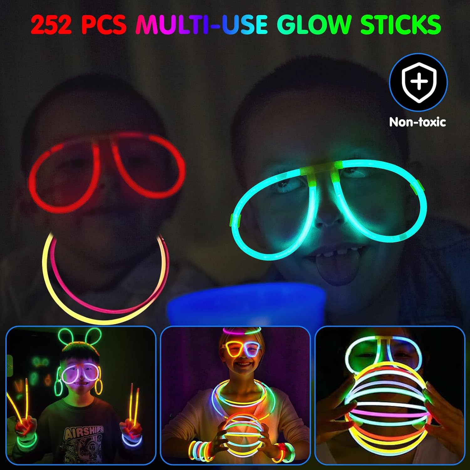 252Pcs Glow Sticks Bulk Party Favors-Safe Glowsticks with 152 Connectors for DIY Bracelets, Necklaces, Glasses, Perfect for Night Events, Easter, Christmas, Halloween, Football Party Supplies image number 6