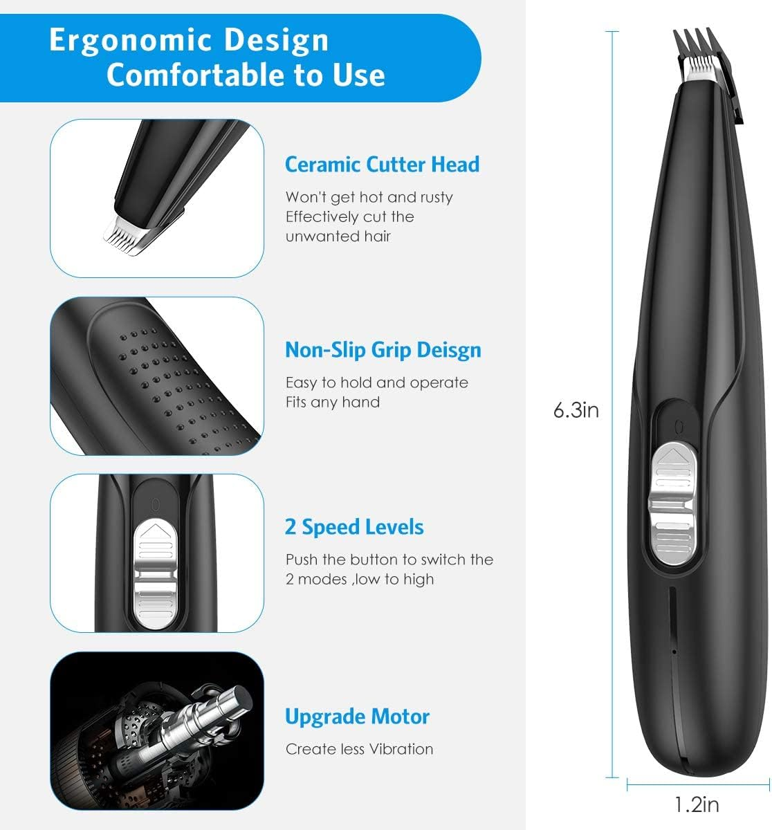 Dog Grooming Clippers, Electric Cat Dog Paw Clippers, Low Noise Pet Clipper, USB Rechargeable Pehair Trimmer, 2 Speed Clippes Dogs Grooming for Hair around Face, Eyes, Ears, Rump, Paws image number 3