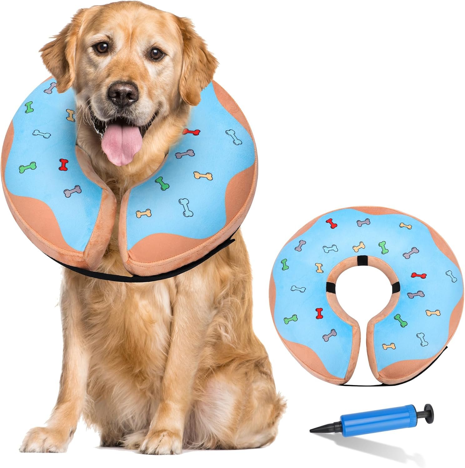 Inflatable Recovery Dog Cone, Protection Dount Collar for Small Medium Large Dogs, Adjustable Soft E-Collar for Dogs and Cats after Surgery, Cute Dog Bone Pattern (Blue, Small) image number 5